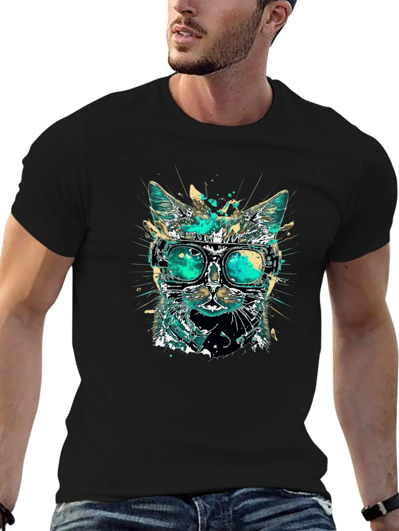 Black Cool Cat T-Shirt with Goggles view 6