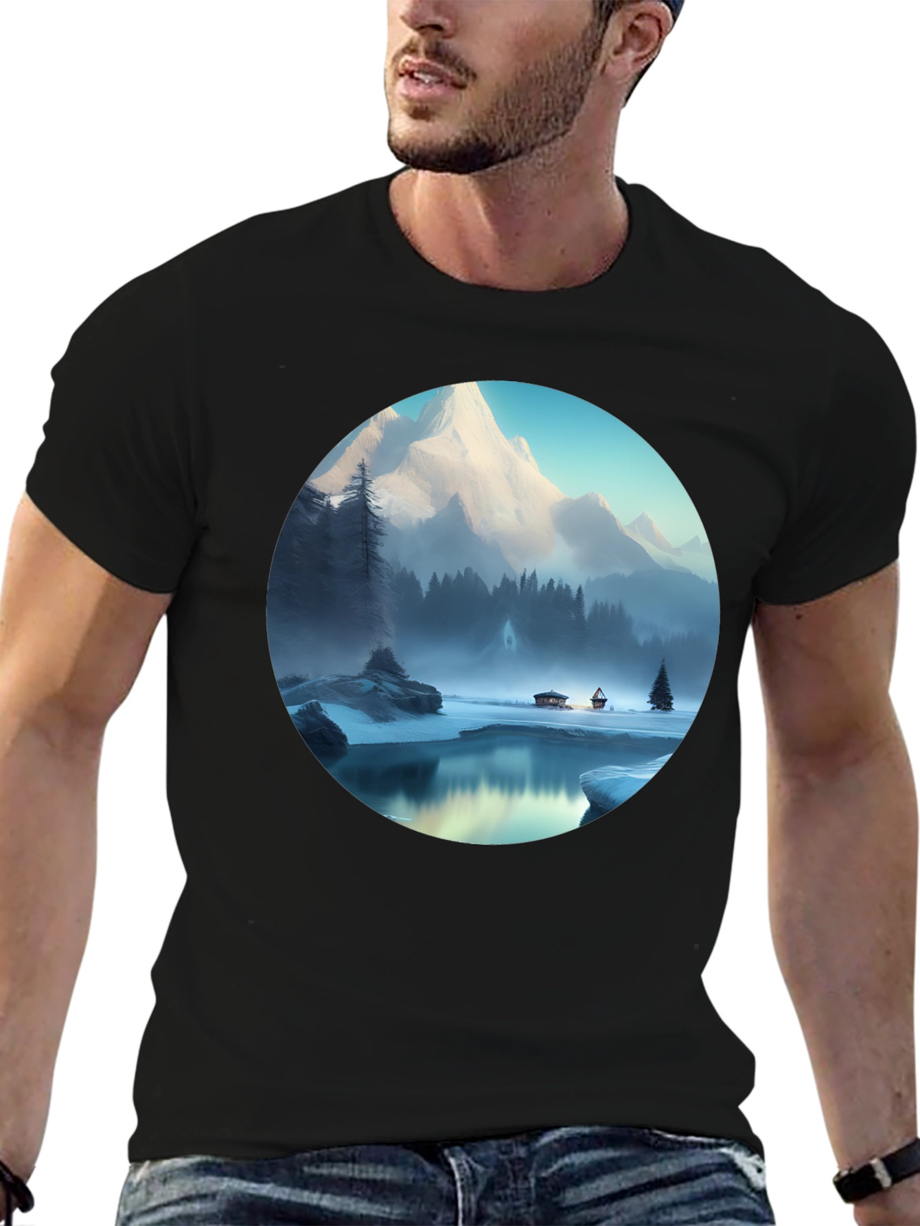 Black Mountain Lake Graphic Tee - Black Cotton Blend T-Shirt view 6