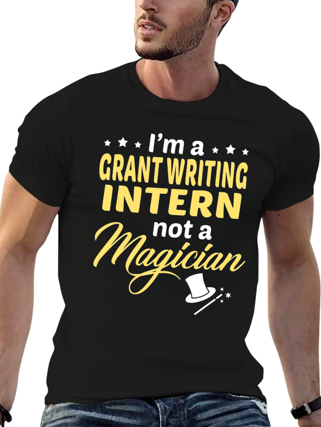 Black Grant Writing Intern T-Shirt - Funny Magician Tee view 6