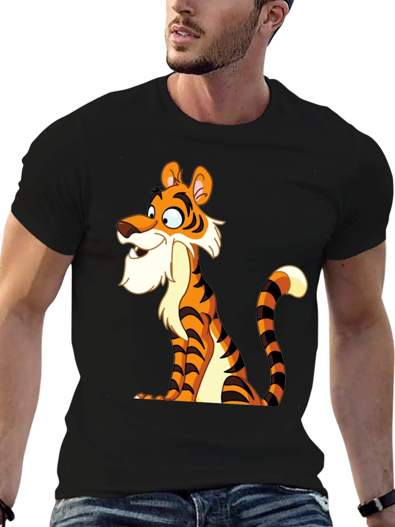 Black Cartoon Tiger Graphic Tee - Men's Black T-Shirt view 6