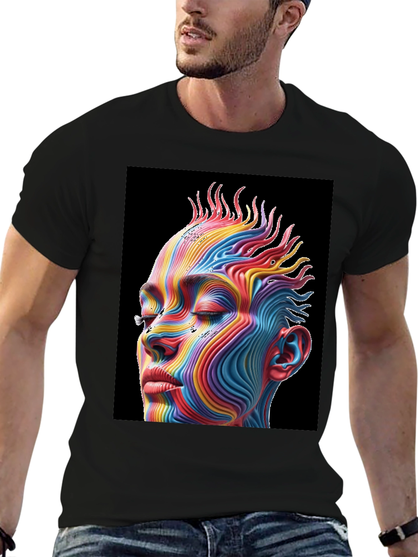 Black Rainbow Abstract Face Graphic Tee - Unisex Black T-Shirt view 6