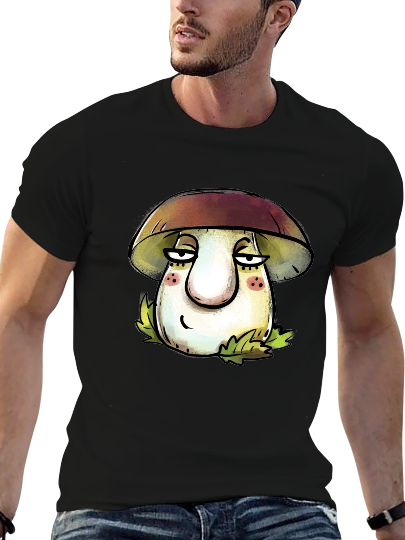 Black Mushroom Cartoon T-Shirt - Unisex Black Tee view 6
