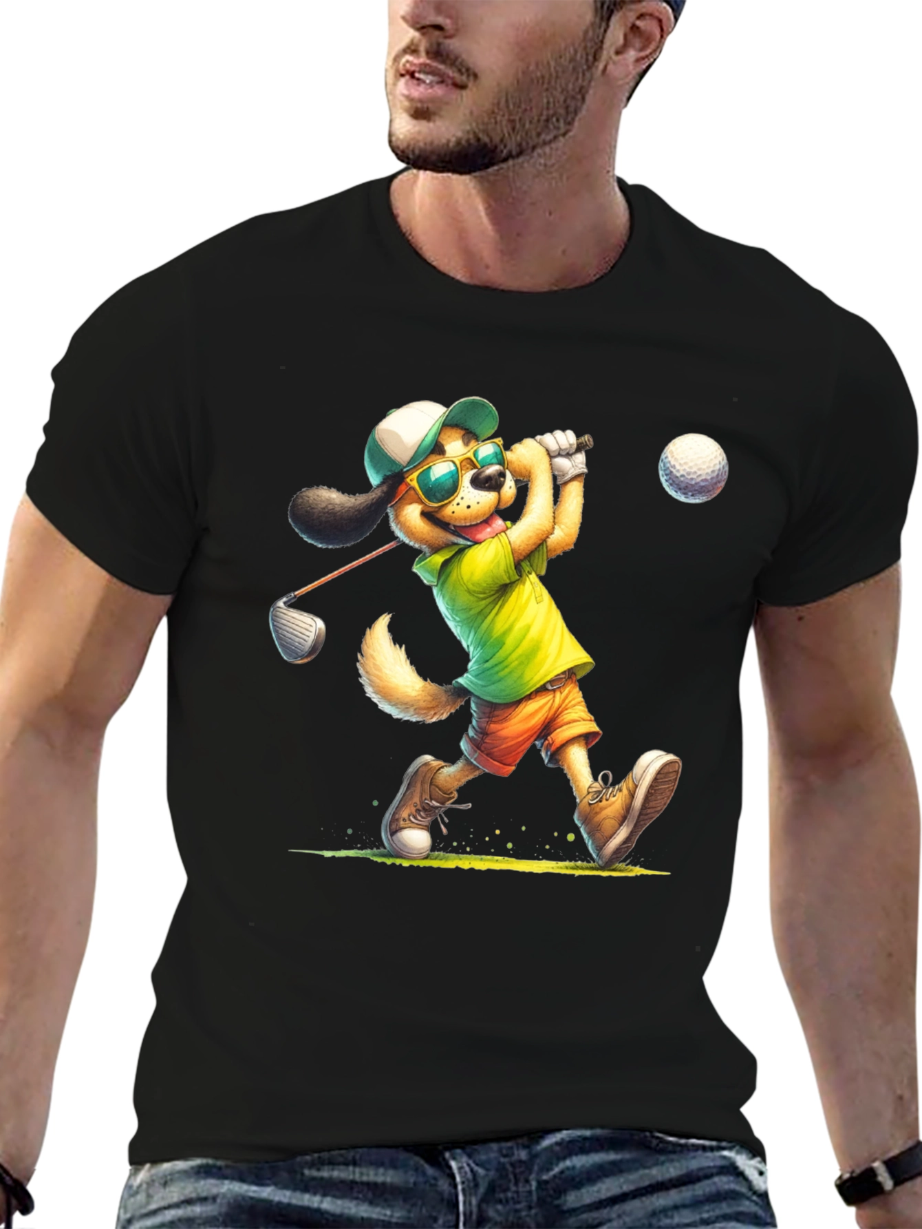 Black Cartoon Dog Golfer T-Shirt view 6