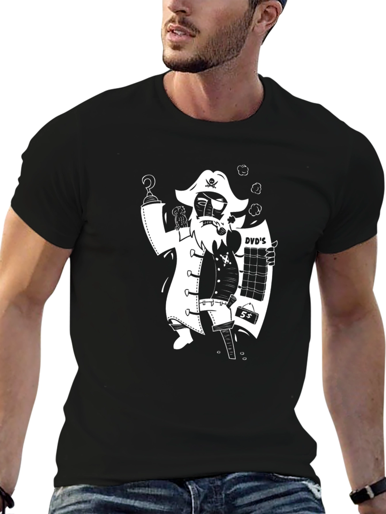 Black Pirate DVD Salesman T-Shirt - Unique Graphic Tee view 6