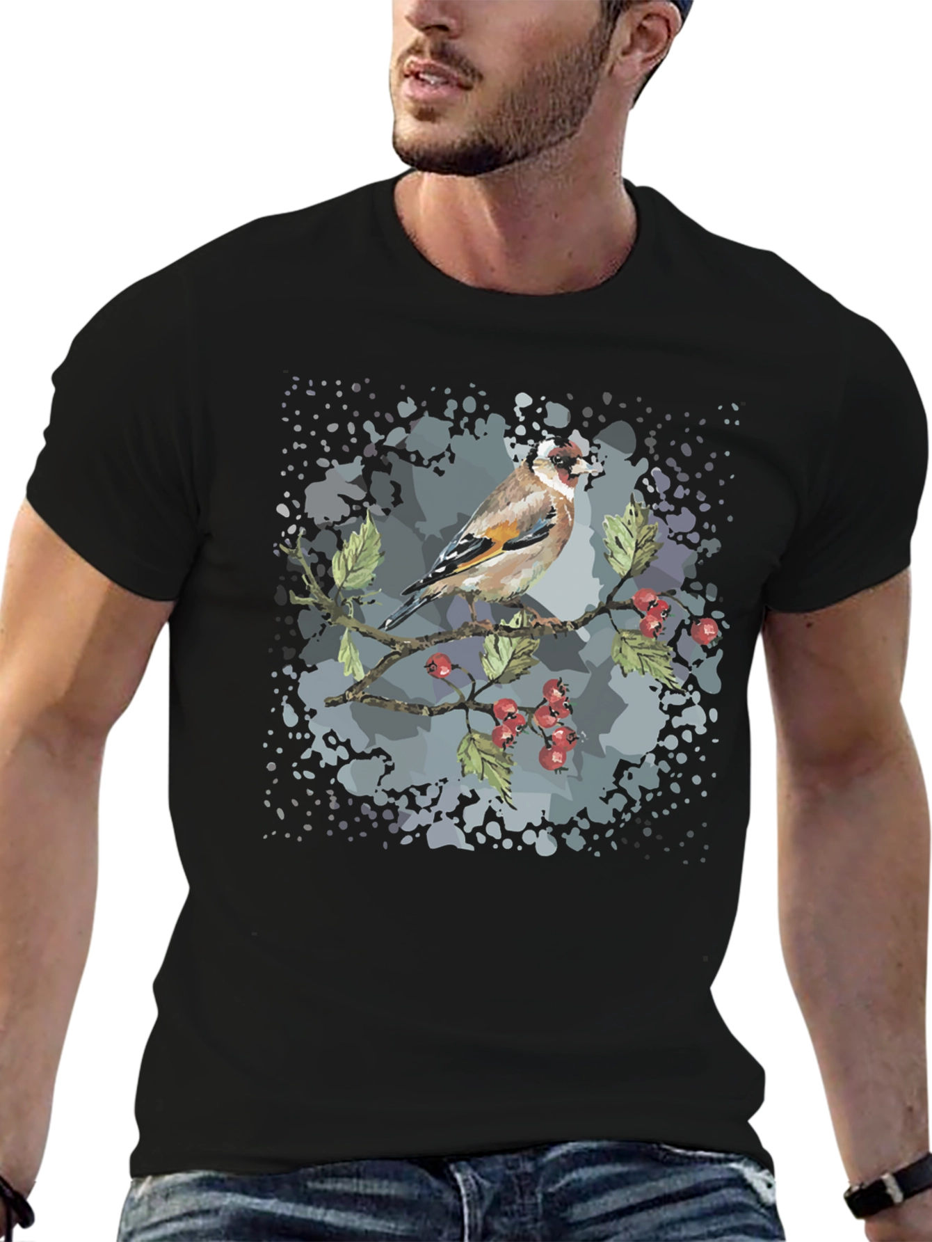 Black Goldfinch Bird Graphic Black T-Shirt view 6