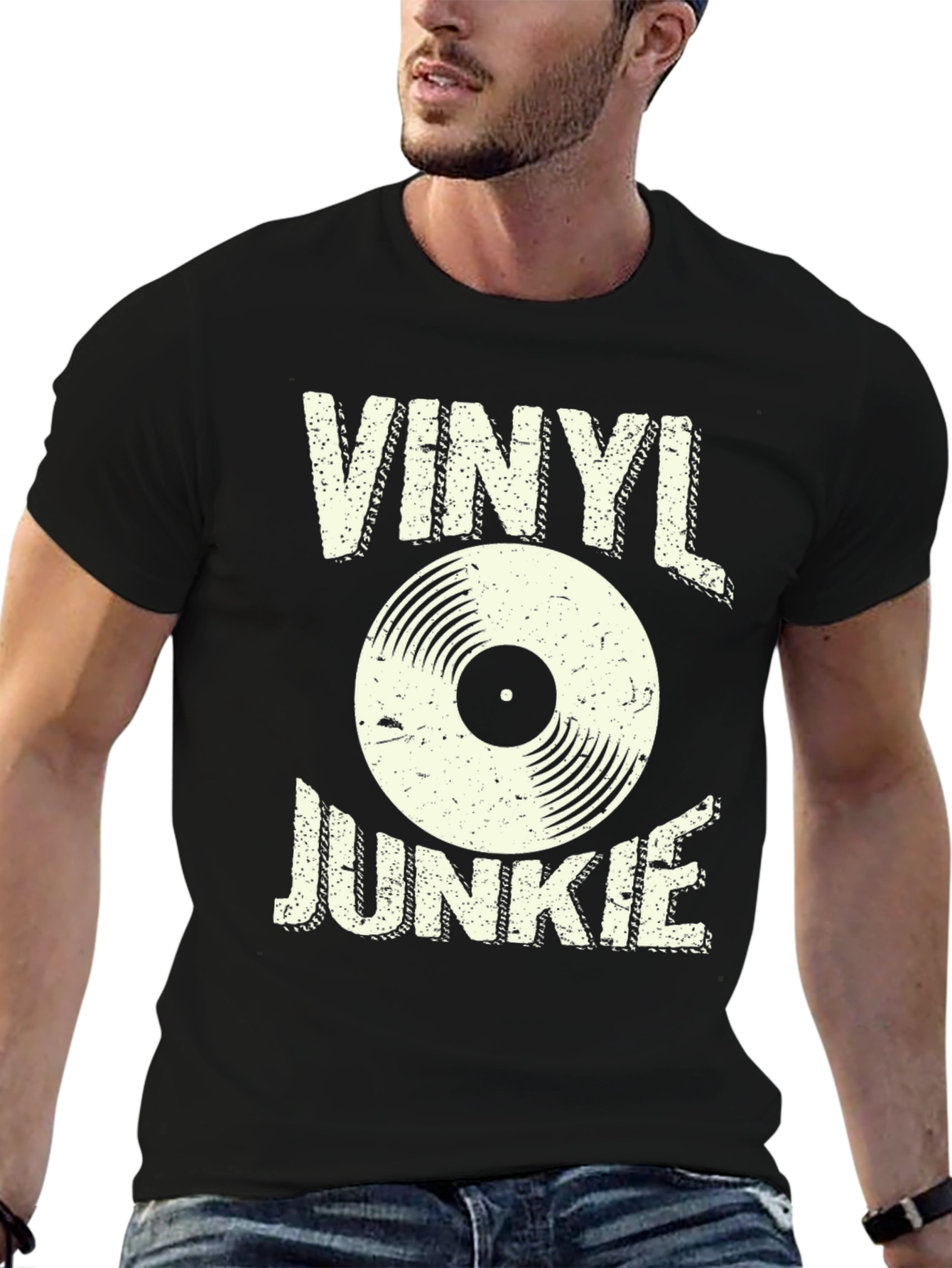 Black Vinyl Junkie Graphic T-Shirt - Retro Record Tee view 6