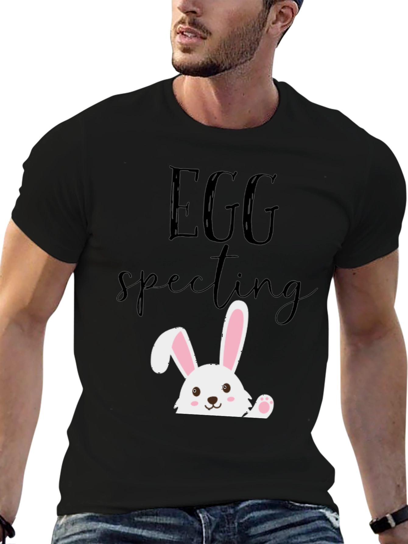 Black Eggspecting Easter Bunny T-Shirt - Funny Pregnancy Tee view 6