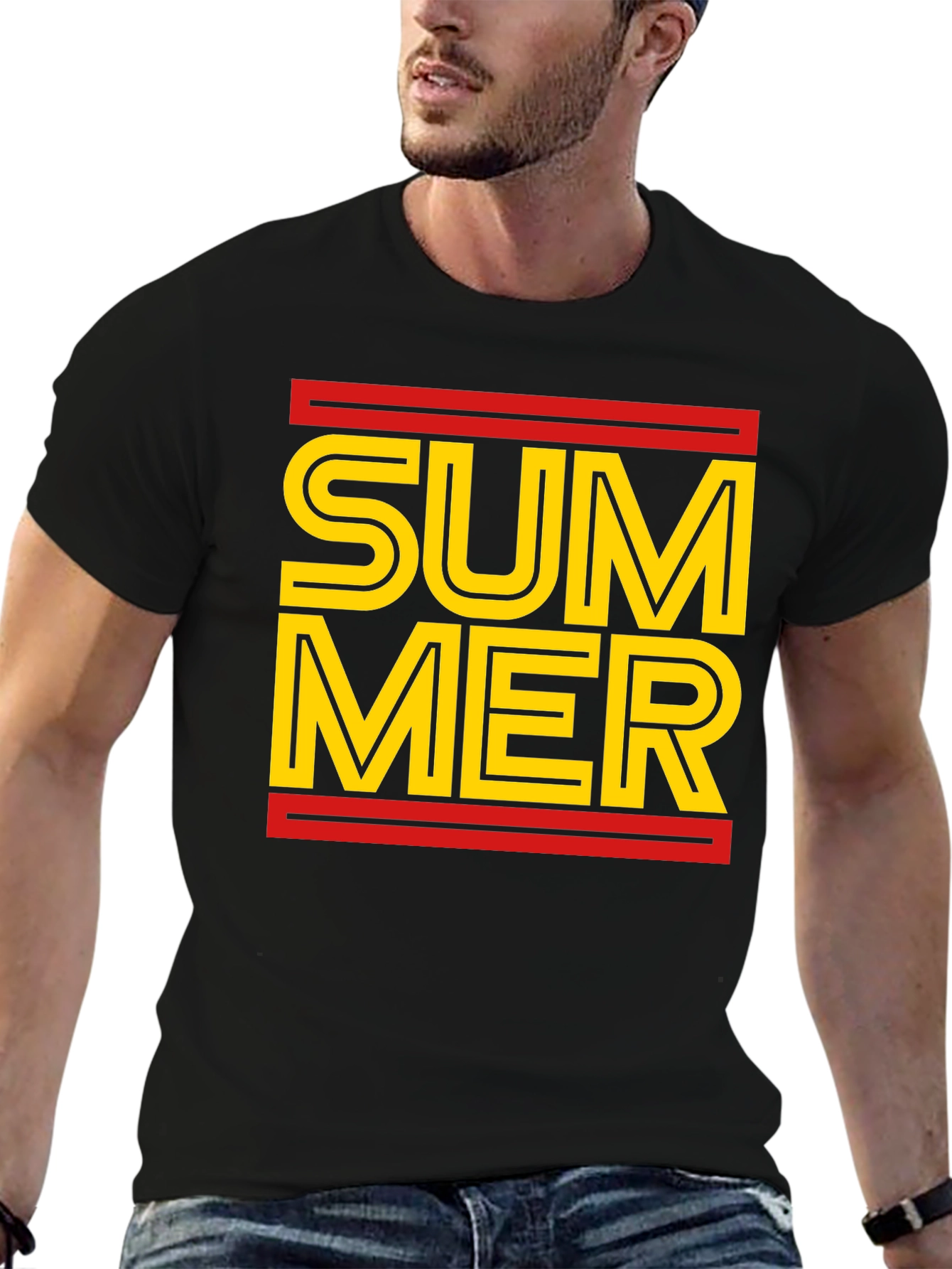 Black Summer Graphic Tee - Black Cotton Casual T-Shirt view 6