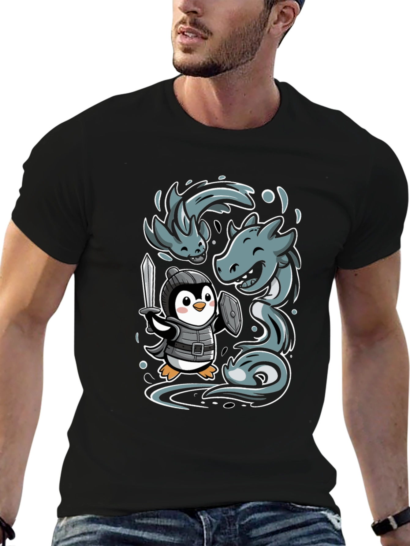 Black Penguin Knight vs Sea Serpent Graphic Tee view 6