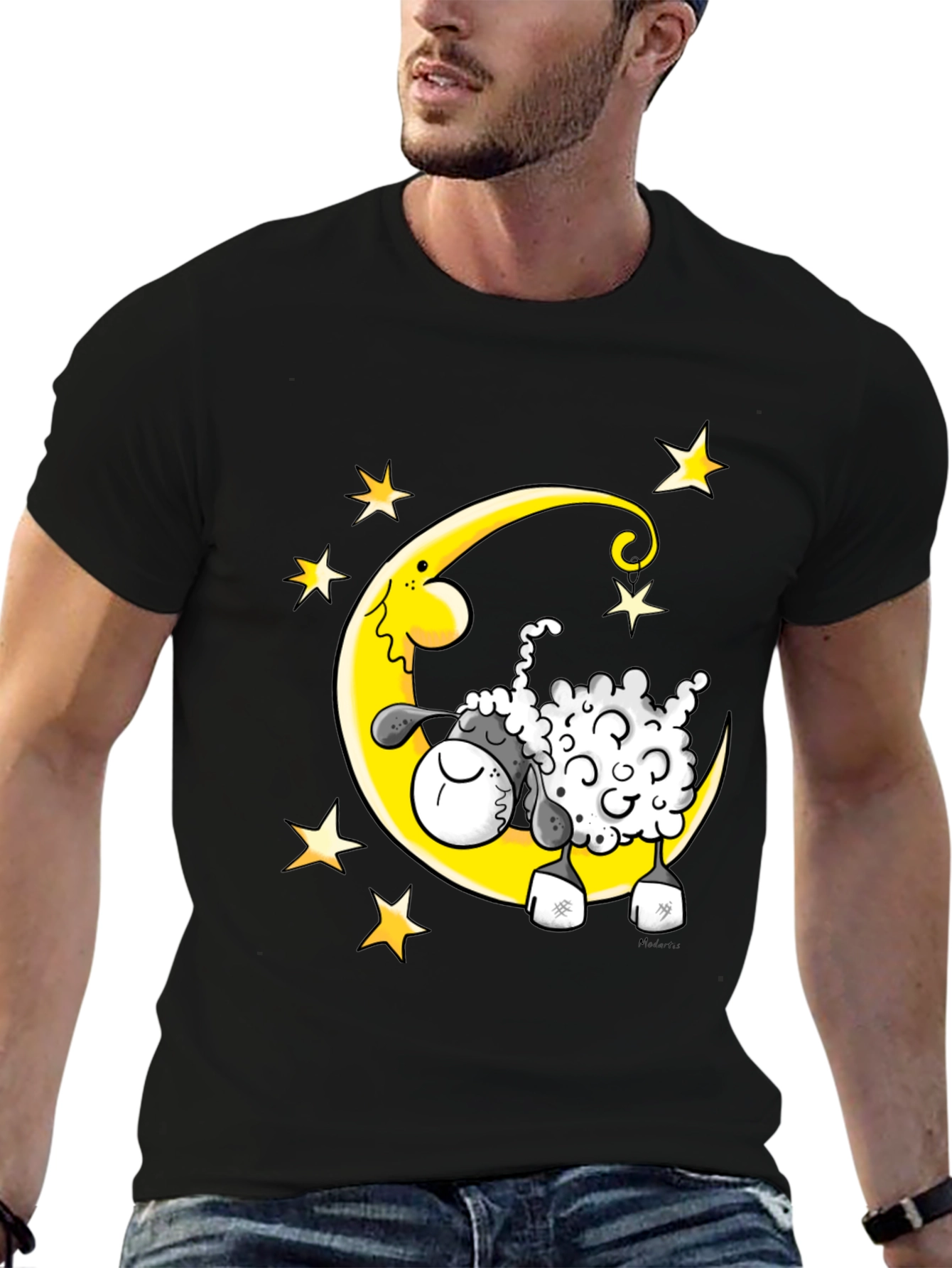 Black Dreamy Sheep T-Shirt - Moon and Stars Graphic Tee view 6