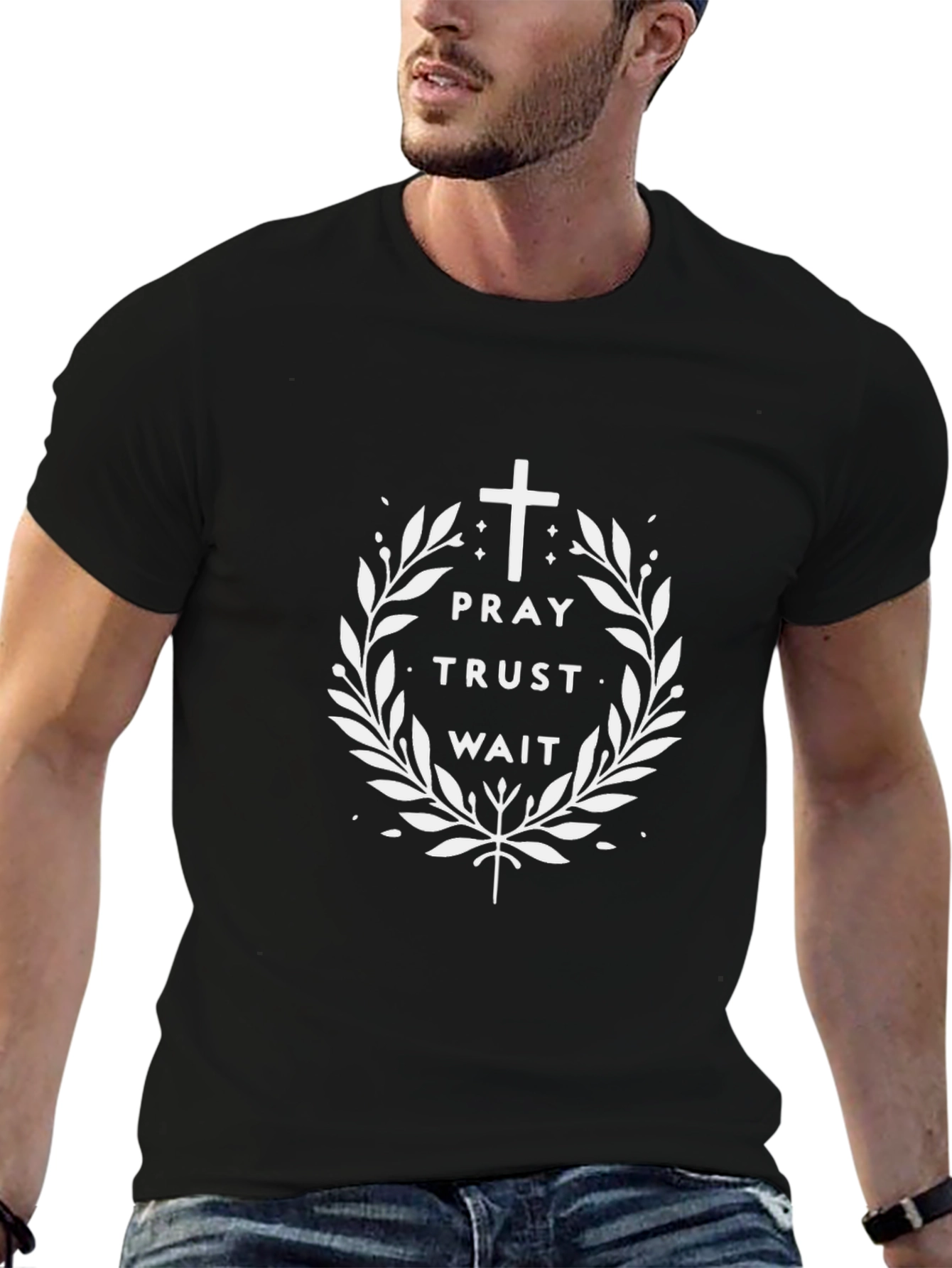Black Pray Trust Wait Graphic T-Shirt - Christian Faith Tee view 6