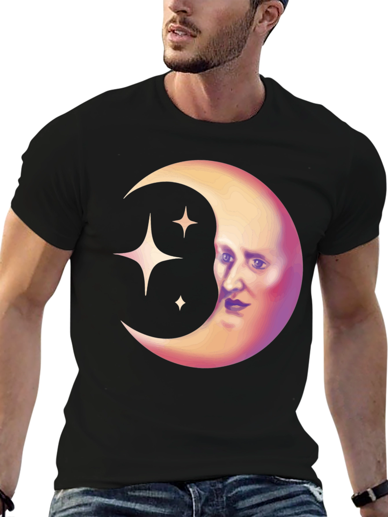 Black Celestial Moon Face Graphic Tee - Unique Design view 6