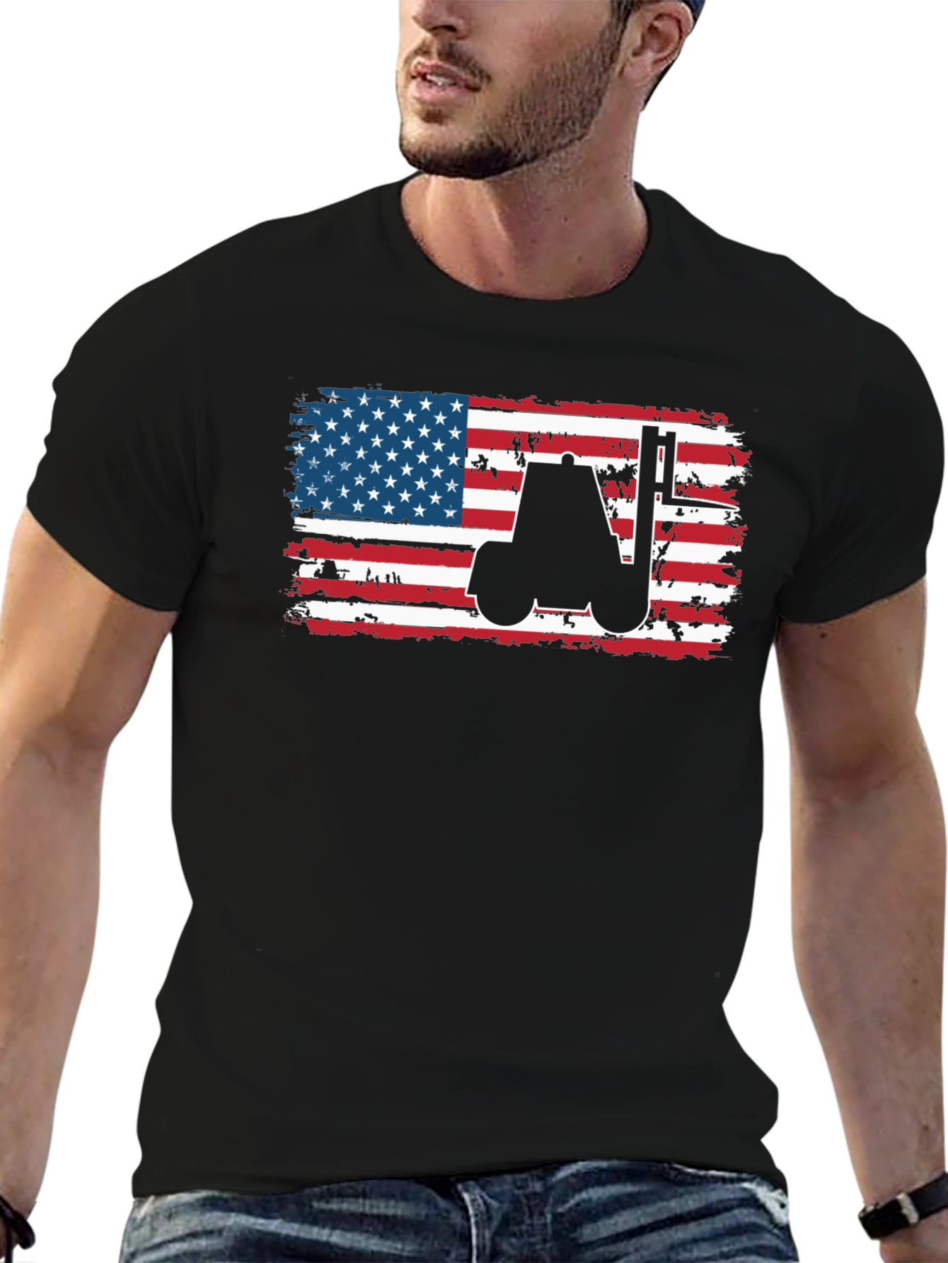 Black American Flag Forklift T-Shirt view 6
