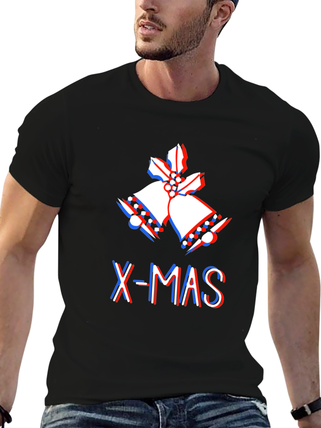 Black X-MAS Bell 3D Effect Graphic Black T-Shirt view 6