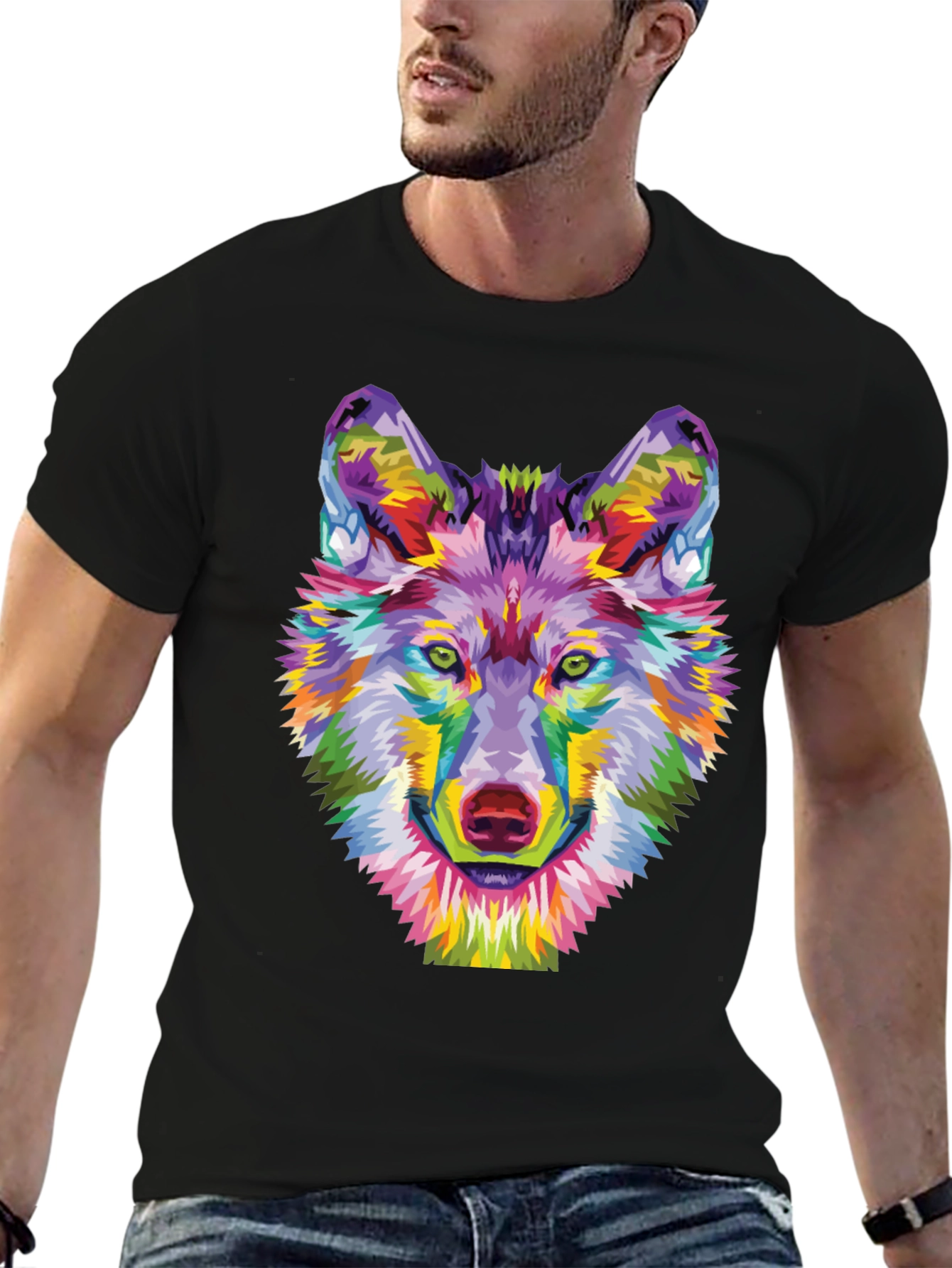 Black Colorful Wolf Graphic Tee - Unique Art Shirt view 6