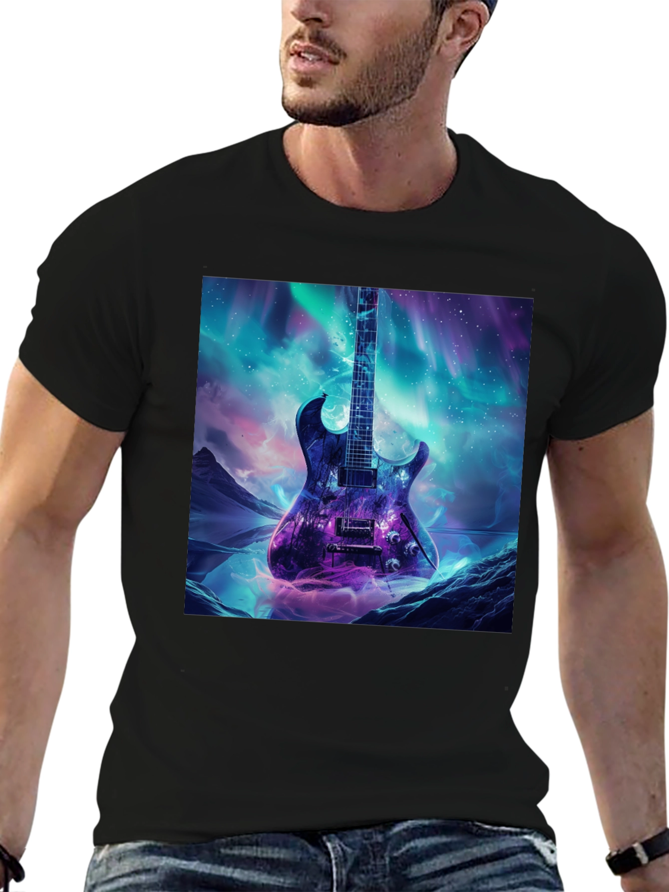 Black Guitar Galaxy Graphic Tee - Black Cotton T-Shirt view 6