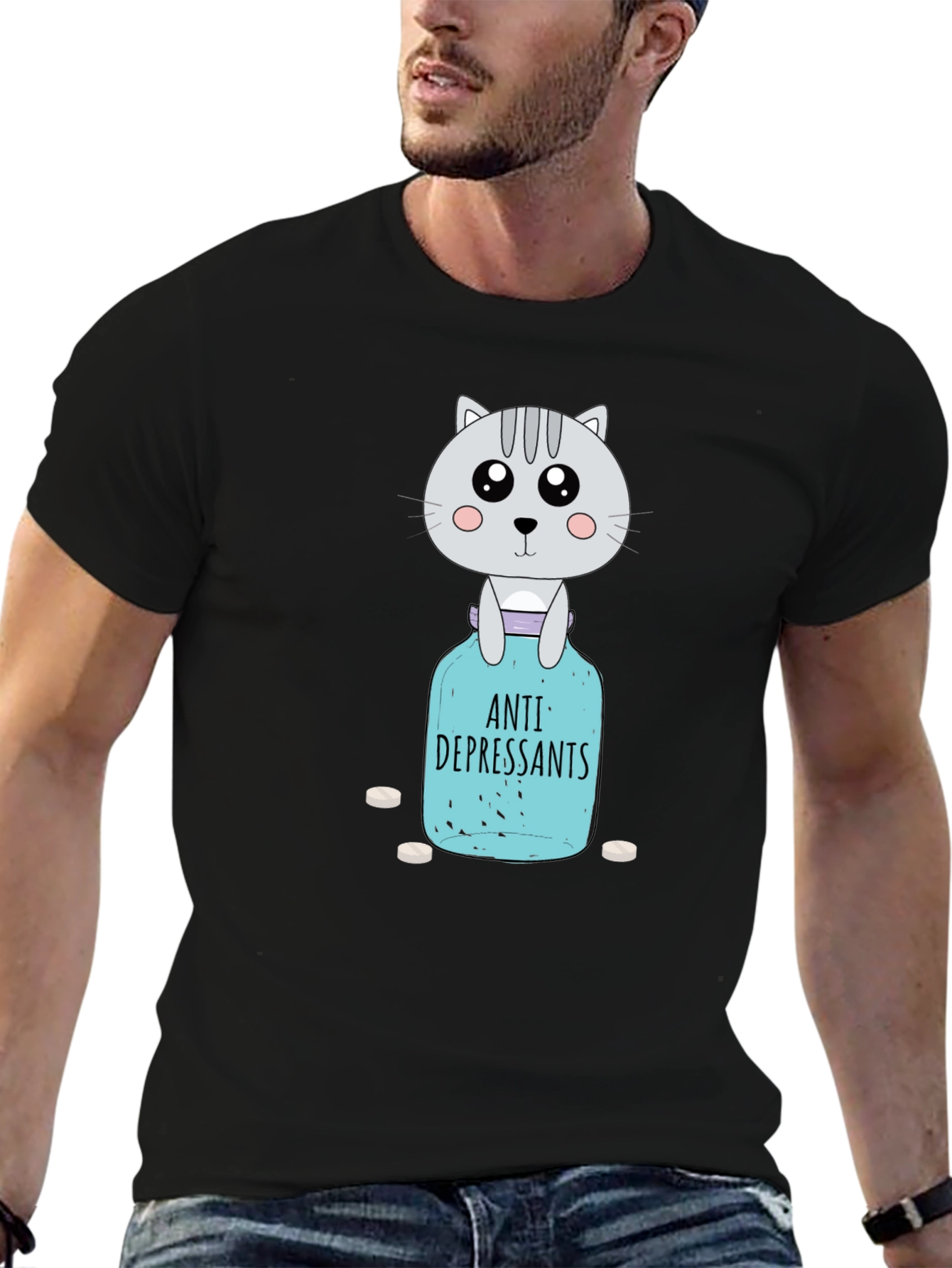 Black Anti-Depressant Cat T-Shirt - Pill Bottle Humor view 6