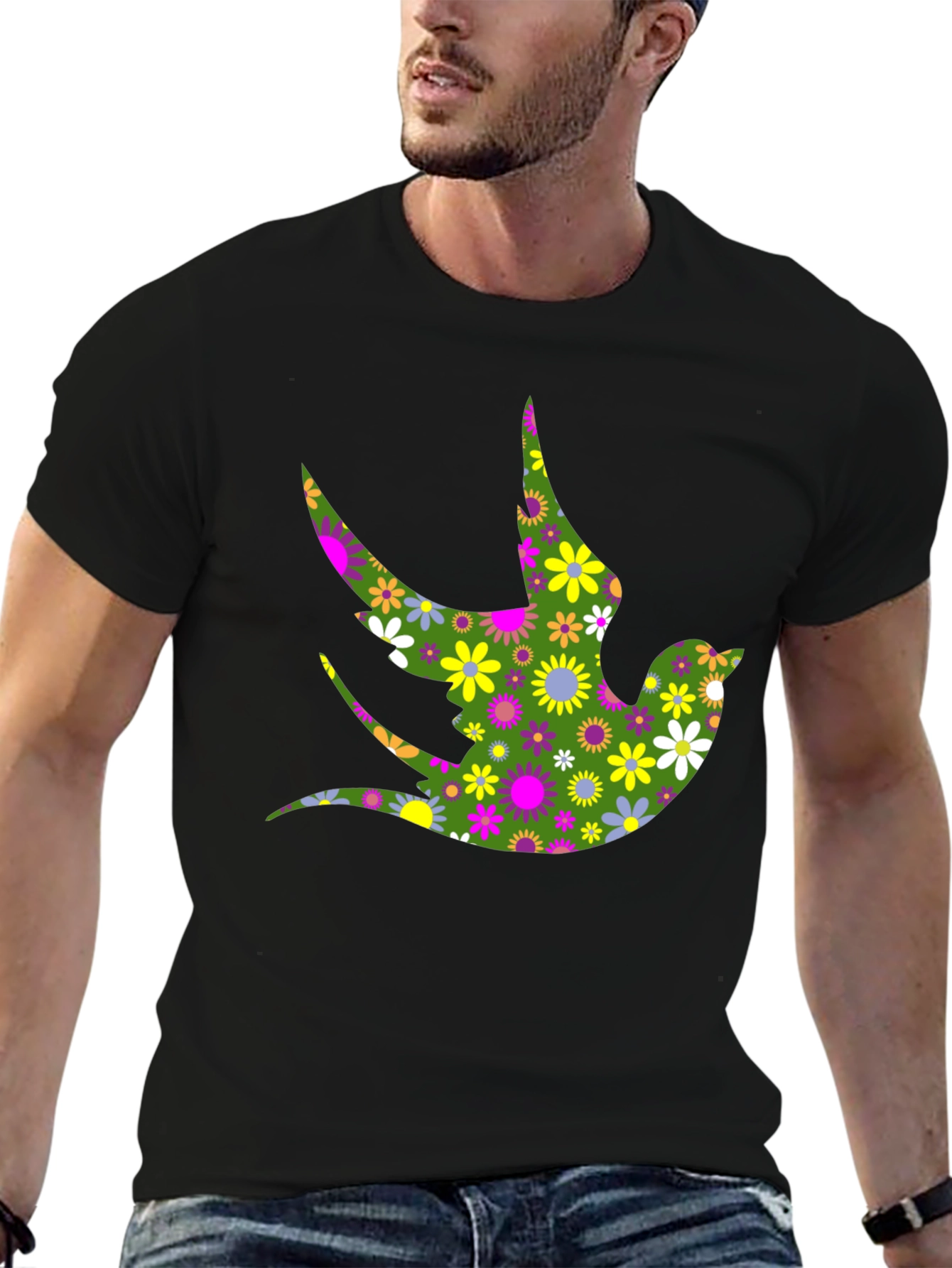Black Floral Bird Print Black T-Shirt view 6