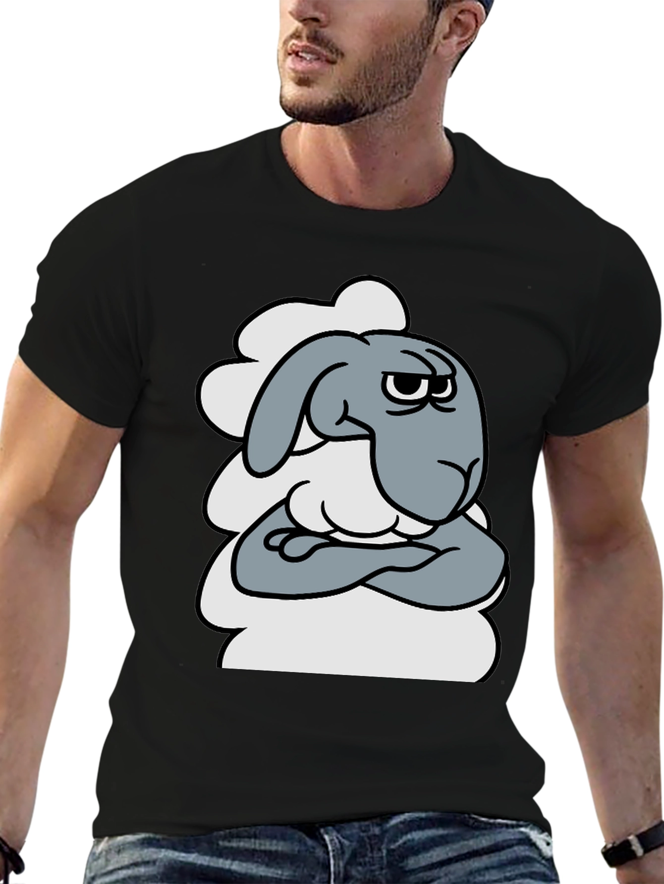 Black Grumpy Cartoon Sheep T-Shirt - Funny Animal Graphic Tee view 6