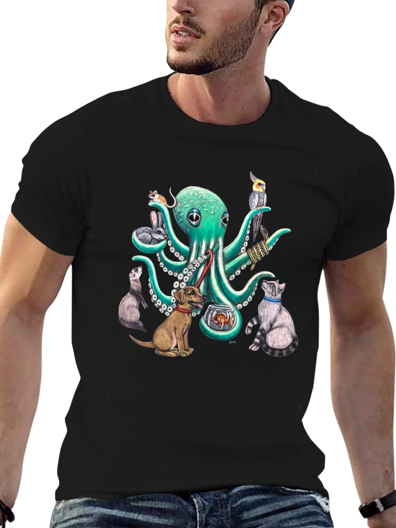 Black Octopus Pet Lover Graphic T-Shirt view 6