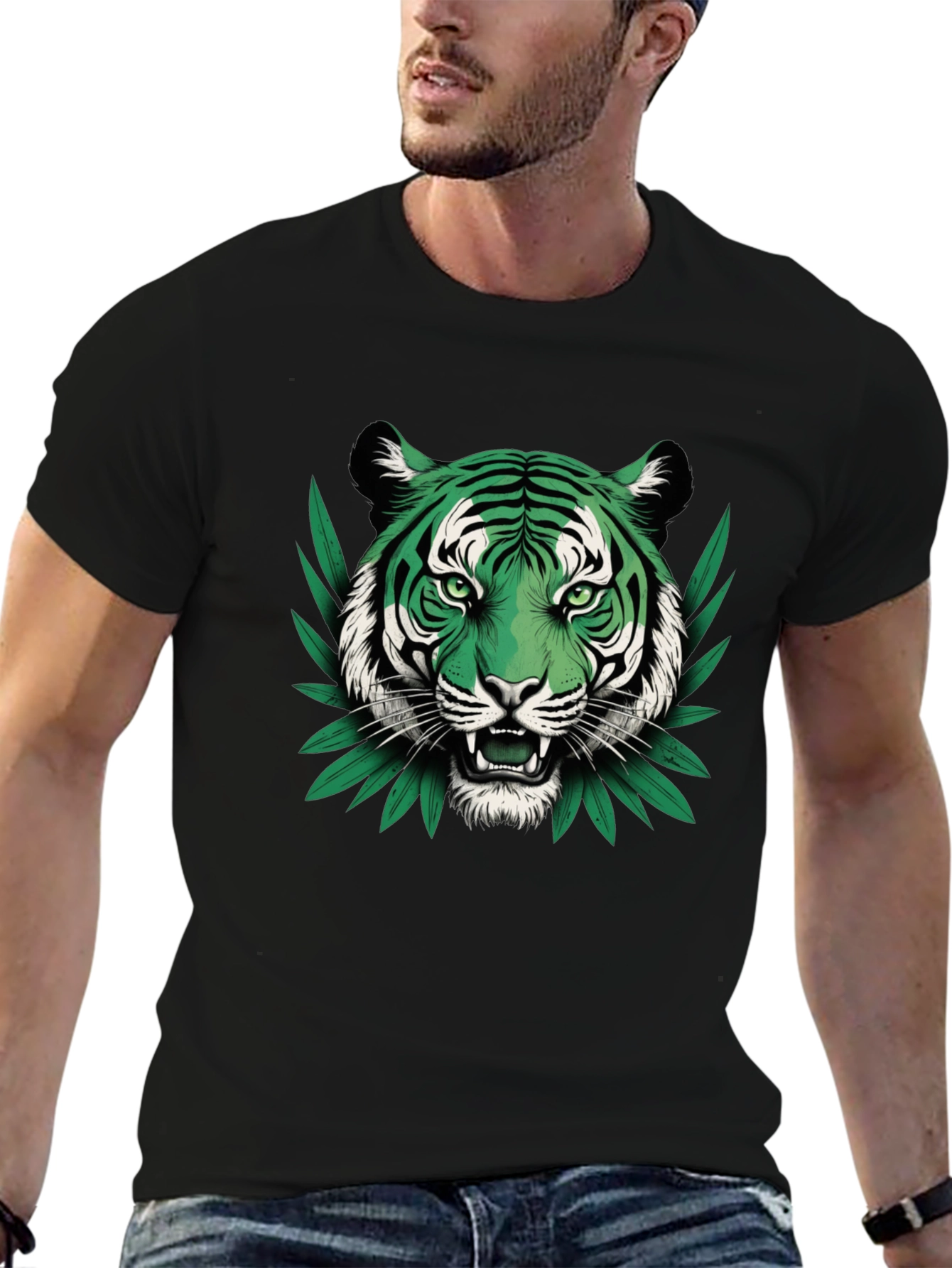 Black Green Tiger Graphic Black T-Shirt view 6
