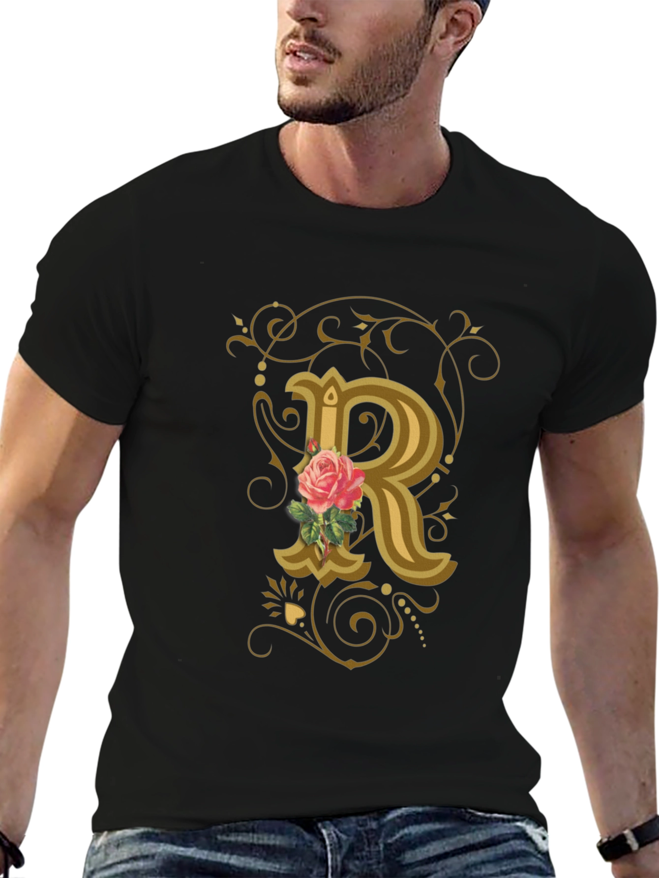Black Rose Initial R Black T-Shirt view 6