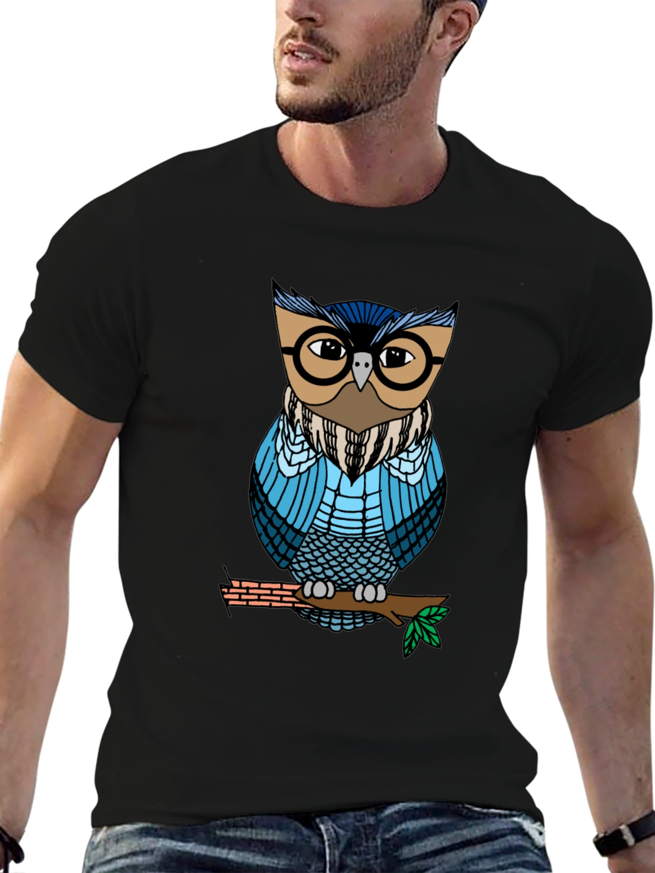 Black Cool Owl Graphic Tee - Unisex Black T-Shirt view 6