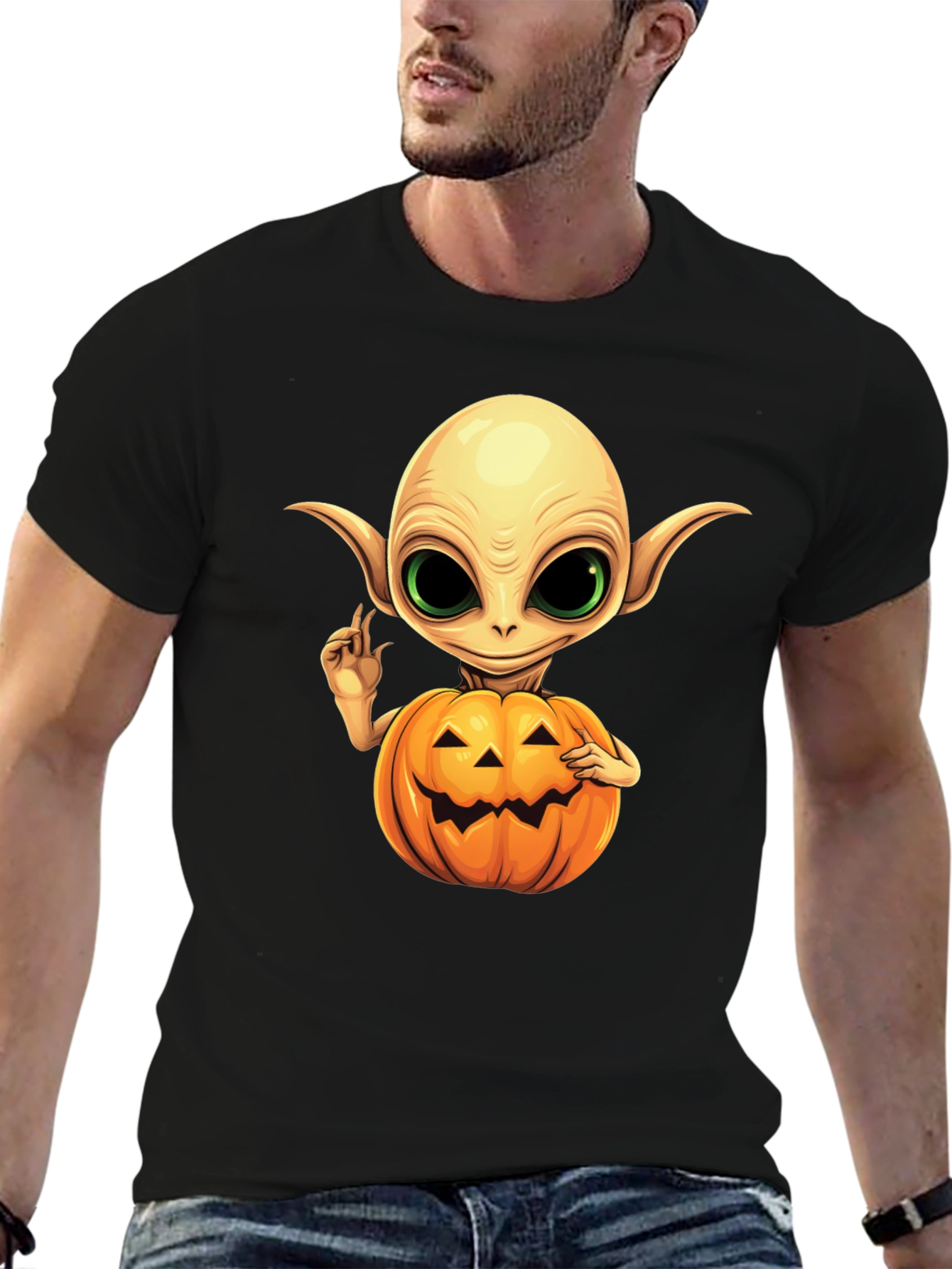 Black Spooky Alien Pumpkin T-Shirt view 6