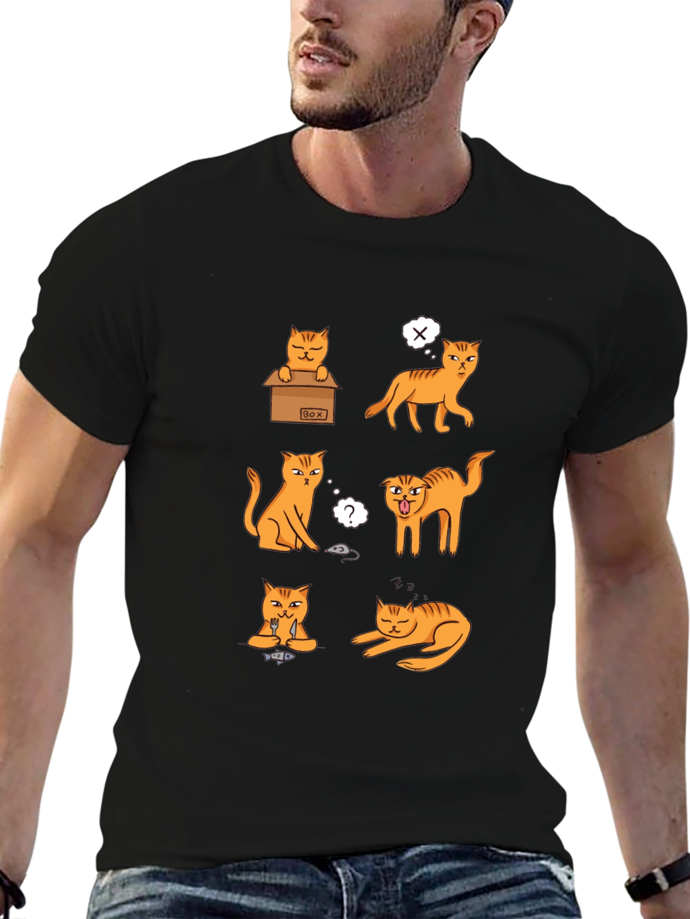 Black Funny Cat Moods Graphic T-Shirt view 6