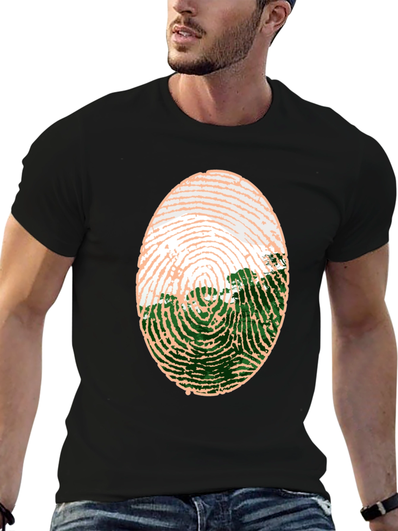 Black Unique Fingerprint Landscape Graphic Tee view 6