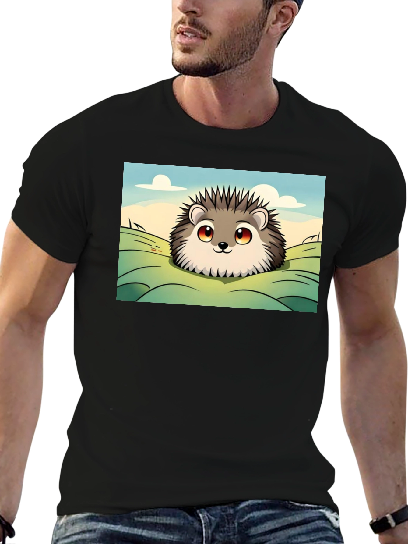 Black Cute Hedgehog Graphic Tee - Black Cotton T-Shirt view 6