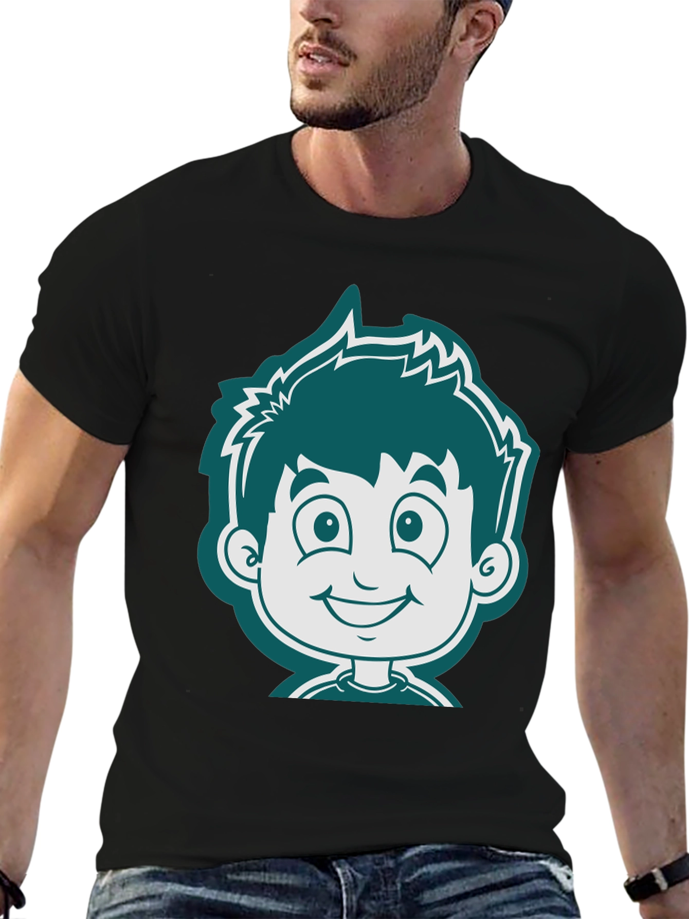 Black Cartoon Boy Graphic Tee - Black Cotton T-Shirt view 6