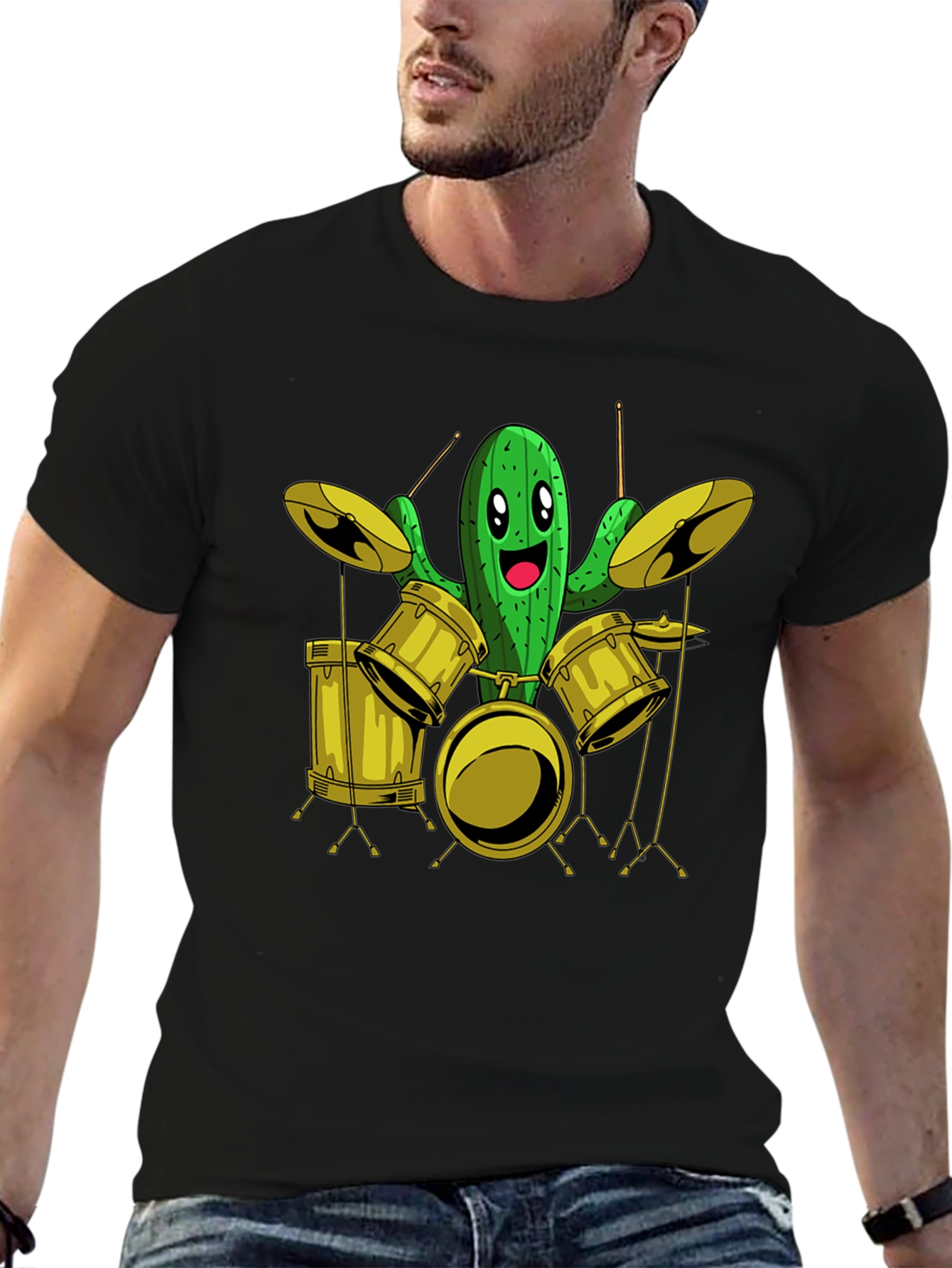 Black Cactus Drummer Graphic Tee - Black Cotton T-Shirt view 6