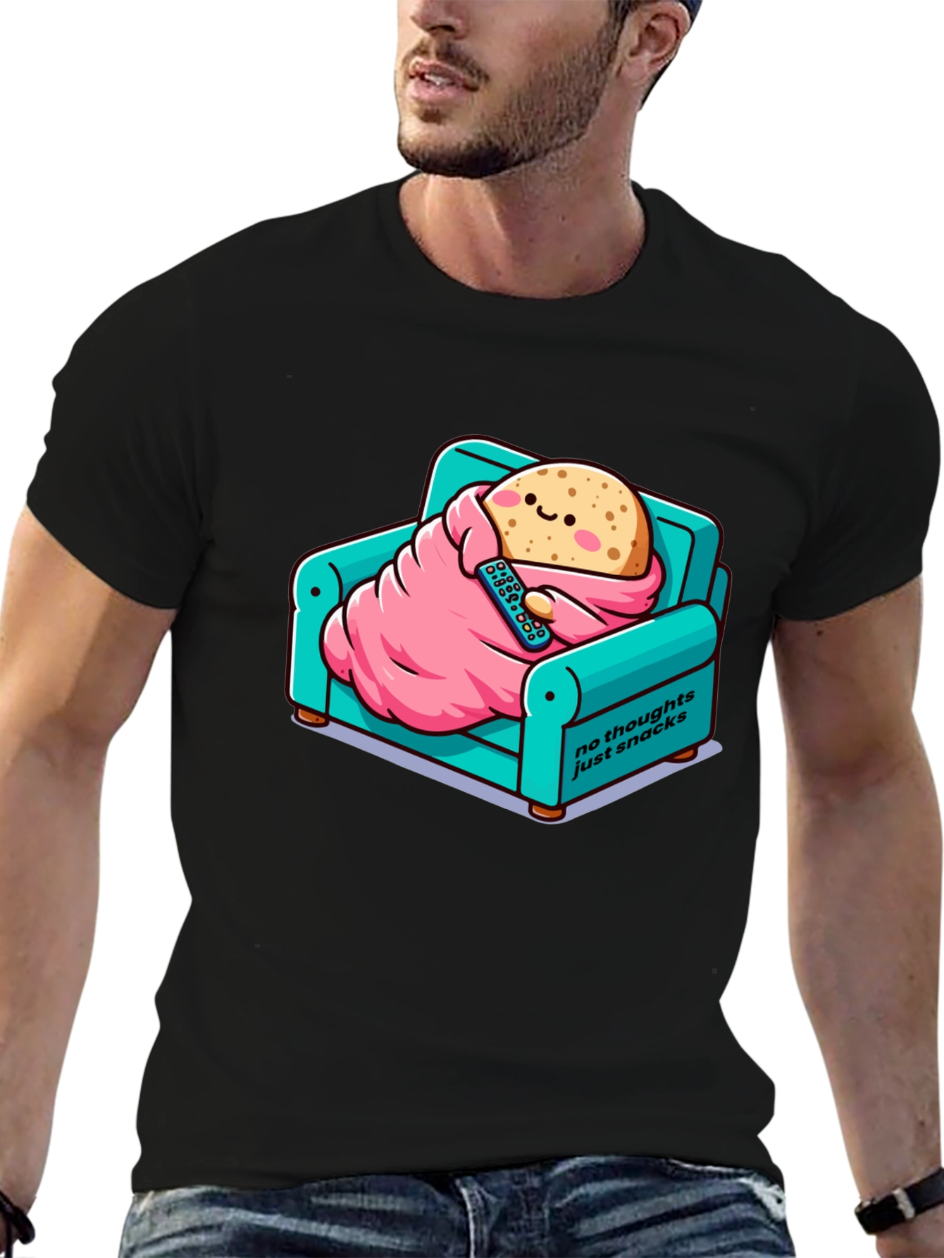 Black Snack Time T-Shirt: Cartoon Potato on Couch view 6