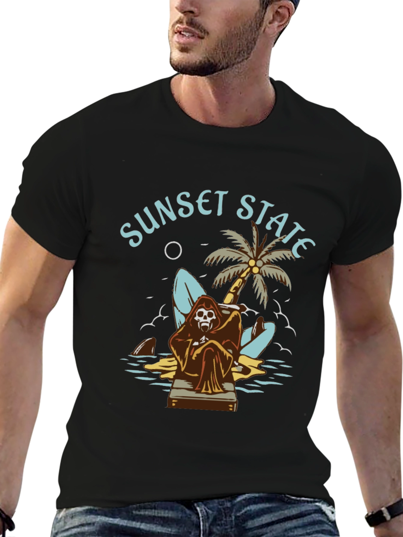 Black Sunset State Graphic Tee - Grim Reaper Beach Design view 6
