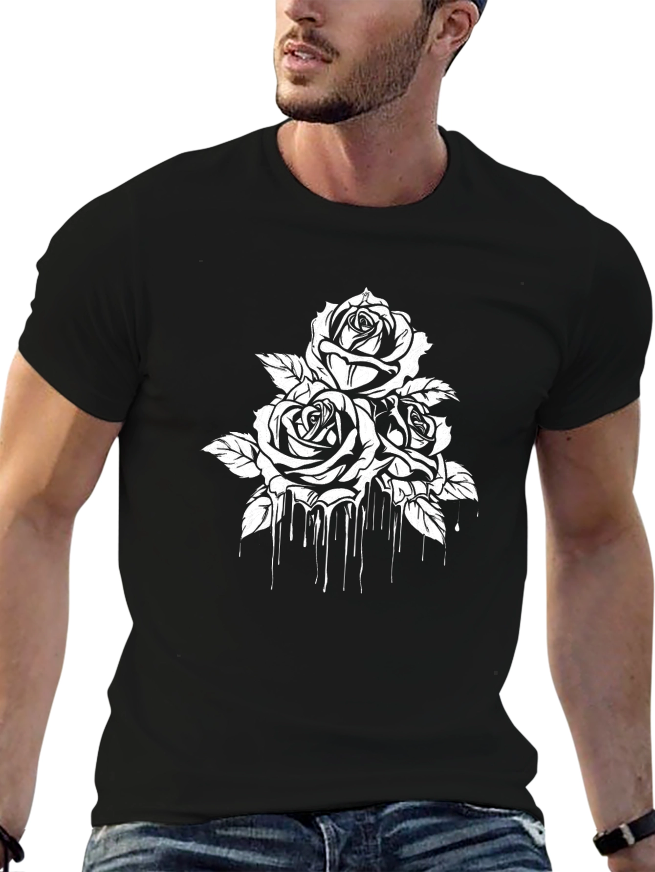 Black Black T-Shirt with White Rose Drip Design view 6