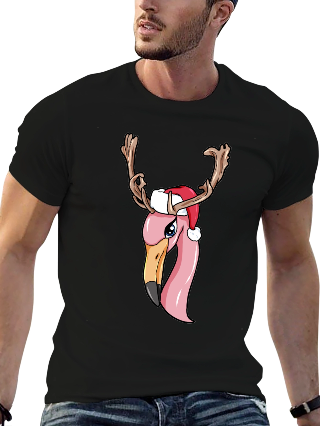 Black Festive Flamingo Christmas T-Shirt view 6