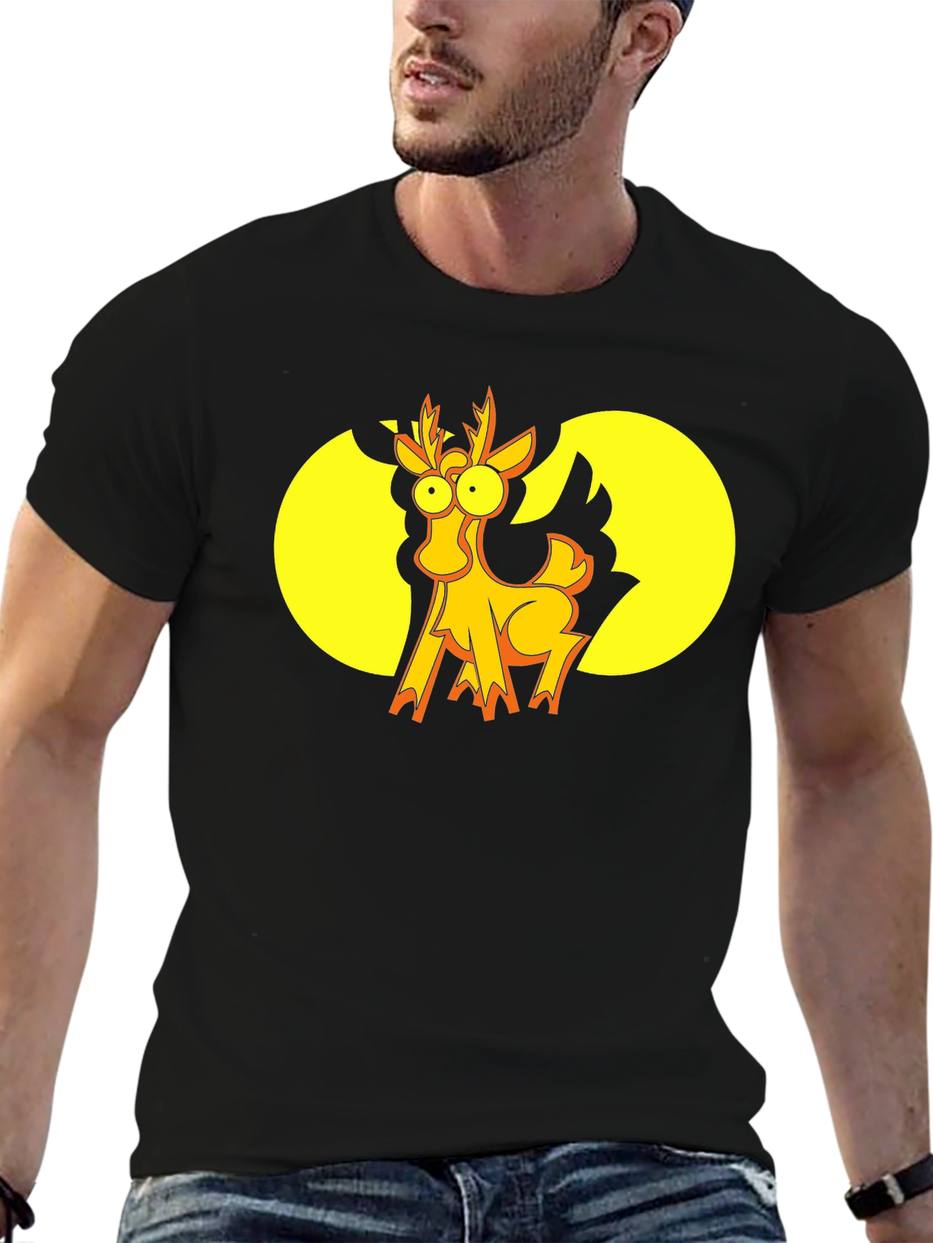 Black Funny Cartoon Deer Graphic T-Shirt - Black view 6