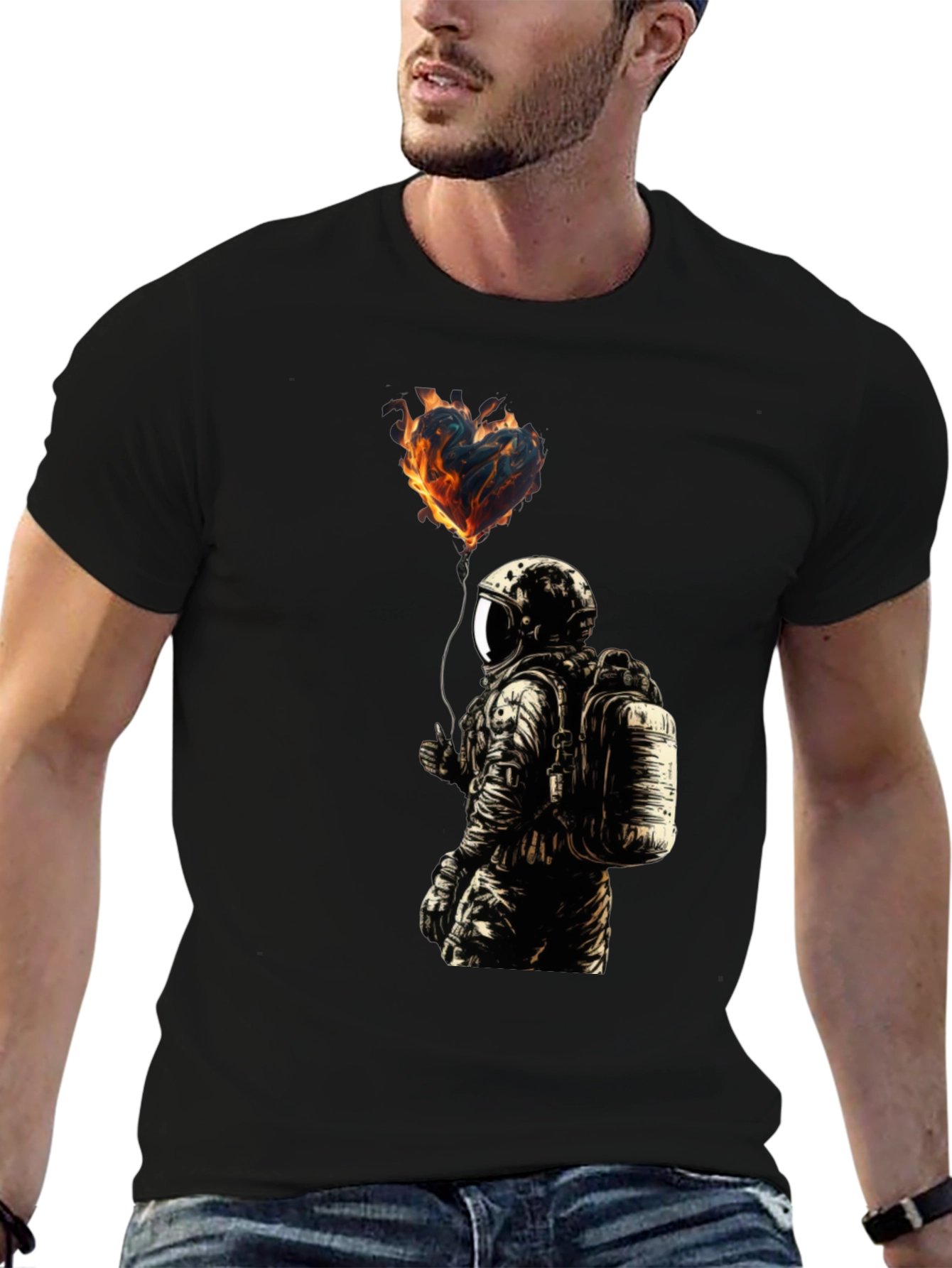 Black Flaming Heart Astronaut Graphic Tee - Black view 6