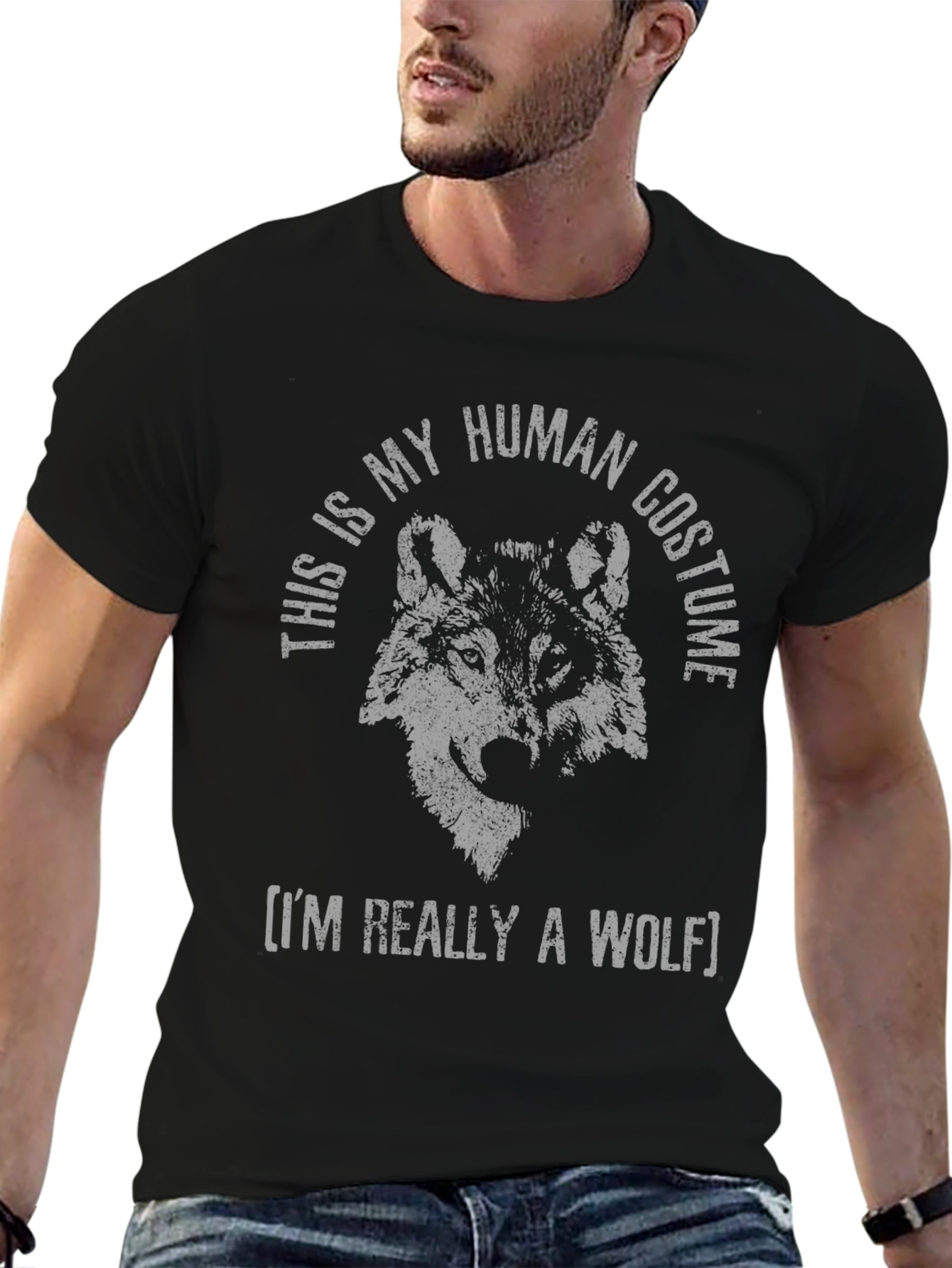 Black Human Costume Wolf T-Shirt - Funny Animal Tee view 6