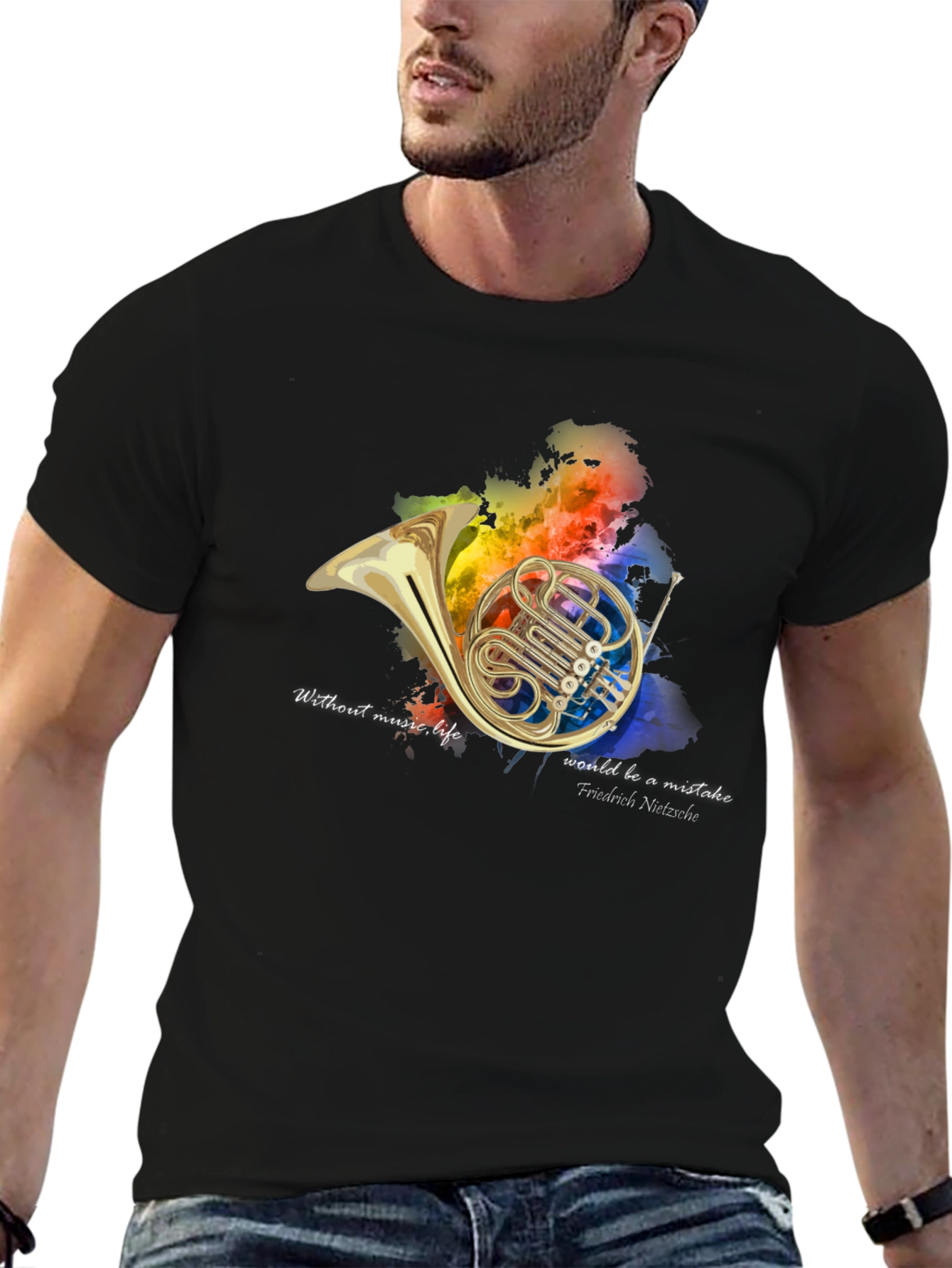 Black French Horn Music Lover T-Shirt view 6