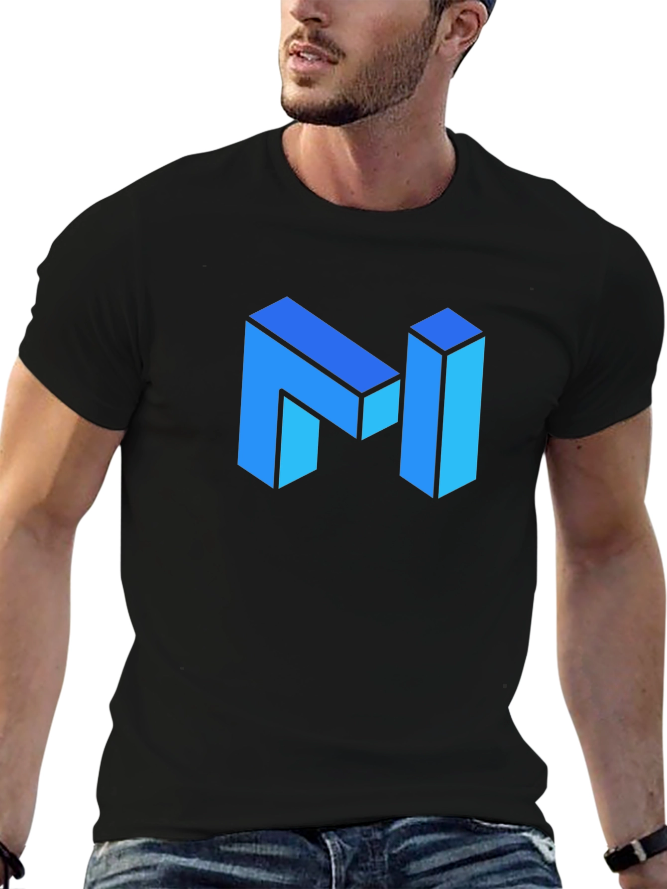 Black Modern Blue Isometric "N" Letter Black T-Shirt view 6