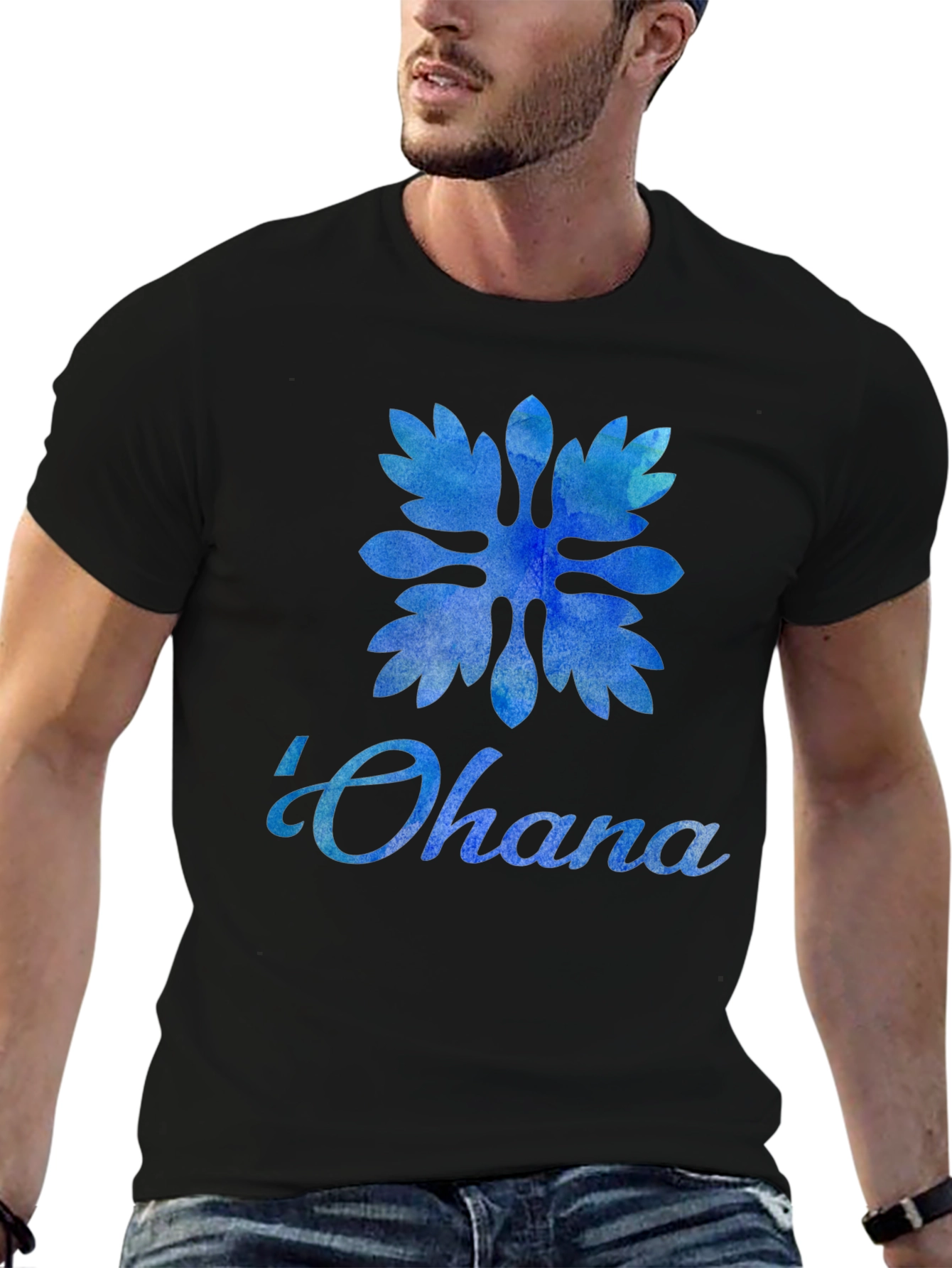 Black Ohana Blue Floral T-Shirt - Family Means Everything view 6