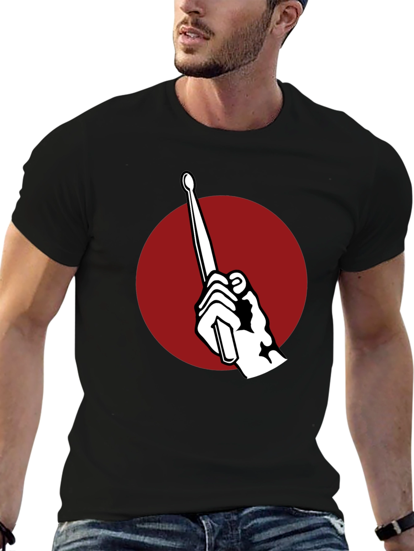 Black Drummer's Beat T-Shirt - Black Tee with Drumstick Design view 6