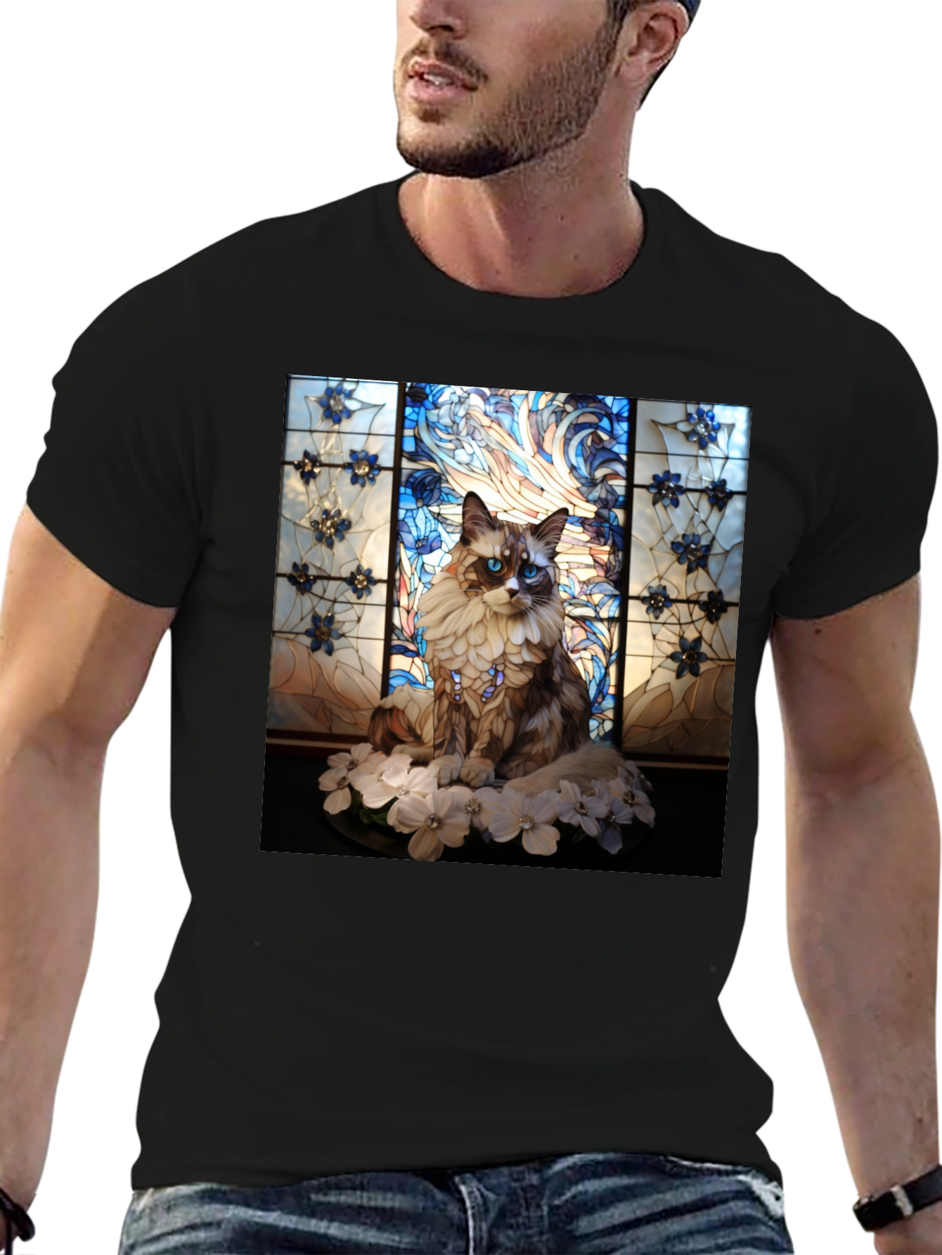 Black Stained Glass Cat Portrait T-Shirt view 6