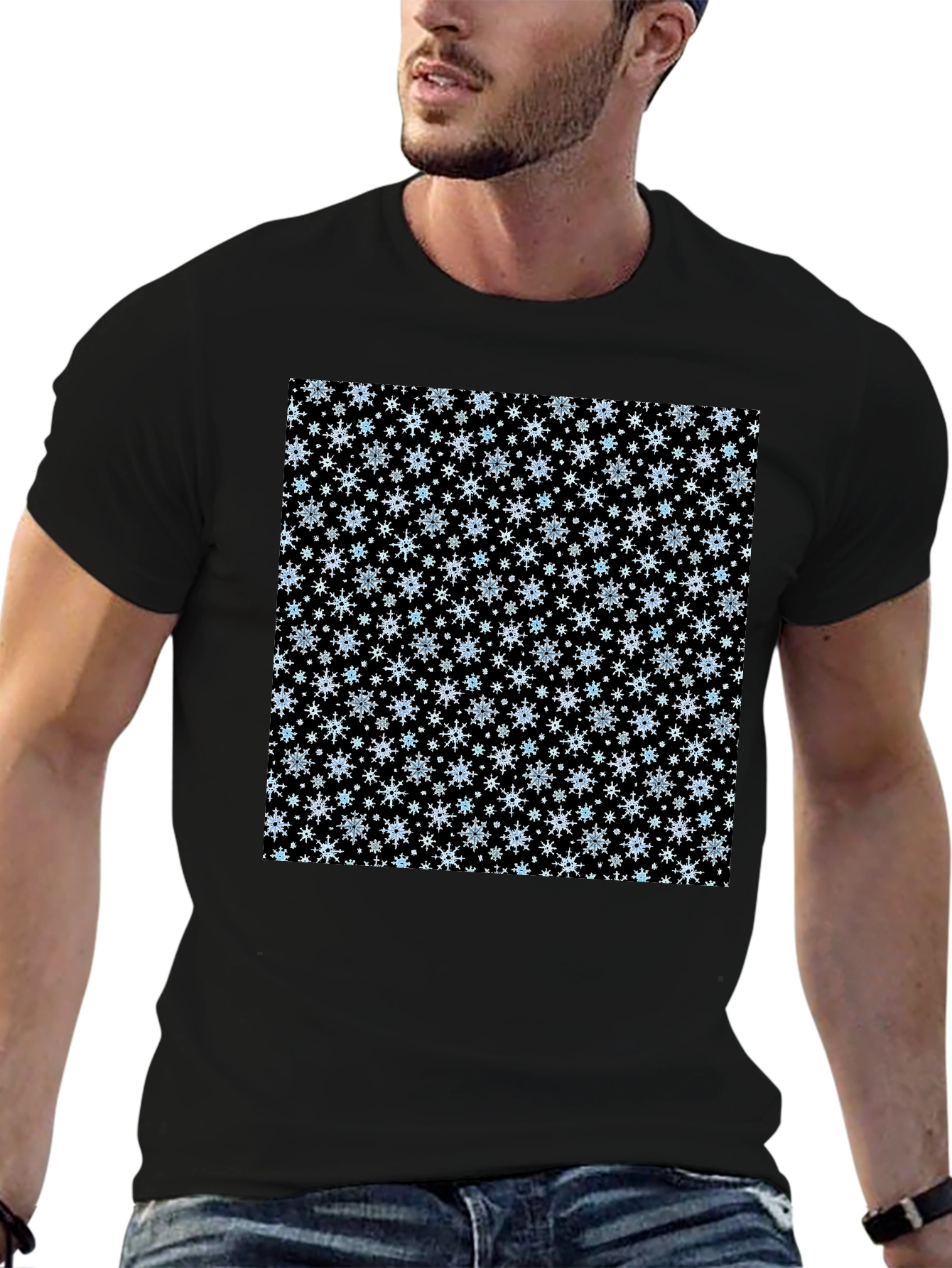 Black Snowflake Pattern Black T-Shirt view 6