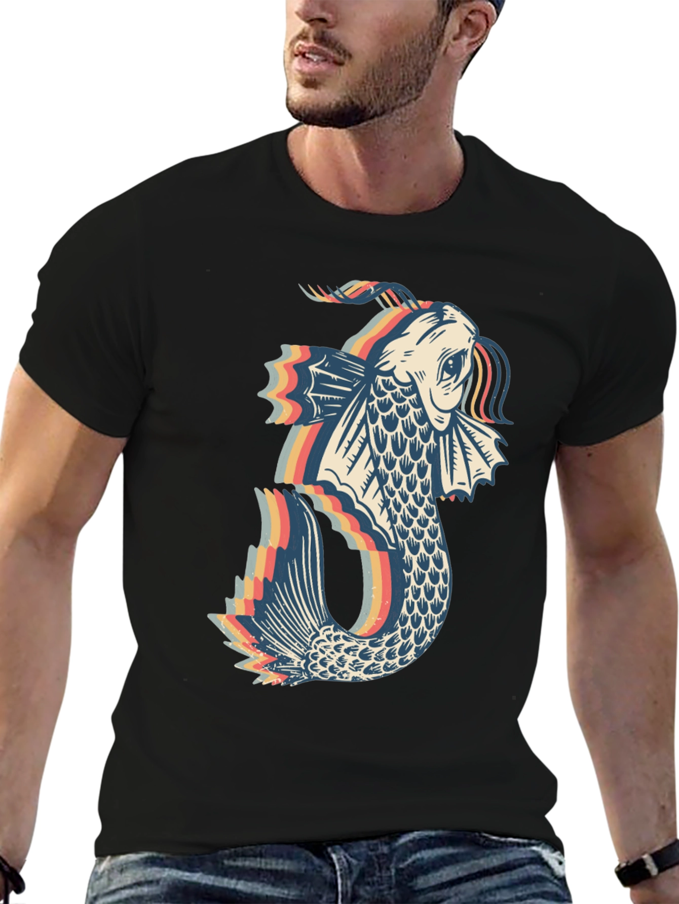Black Retro Koi Fish Graphic Tee - Black Cotton Blend view 6