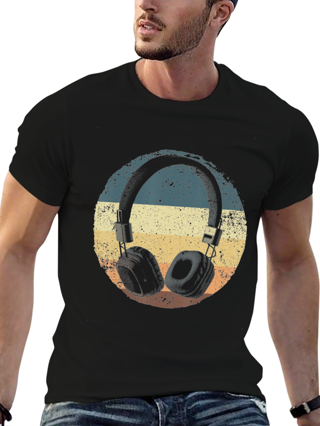 Black Retro Headphones T-Shirt - Vintage Style Music Tee view 6