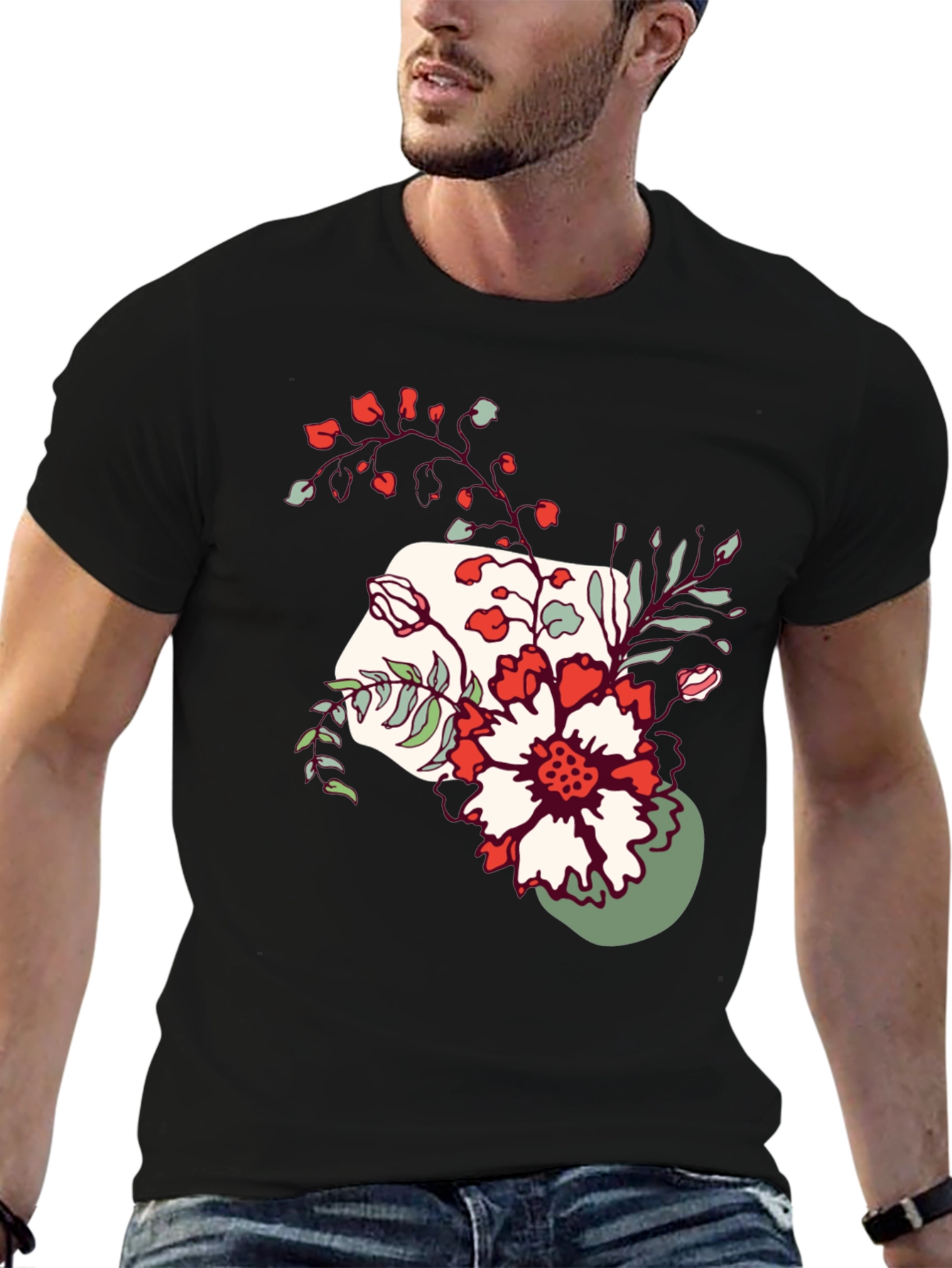 Black Floral Graphic Tee - Men's Casual Black T-Shirt view 6