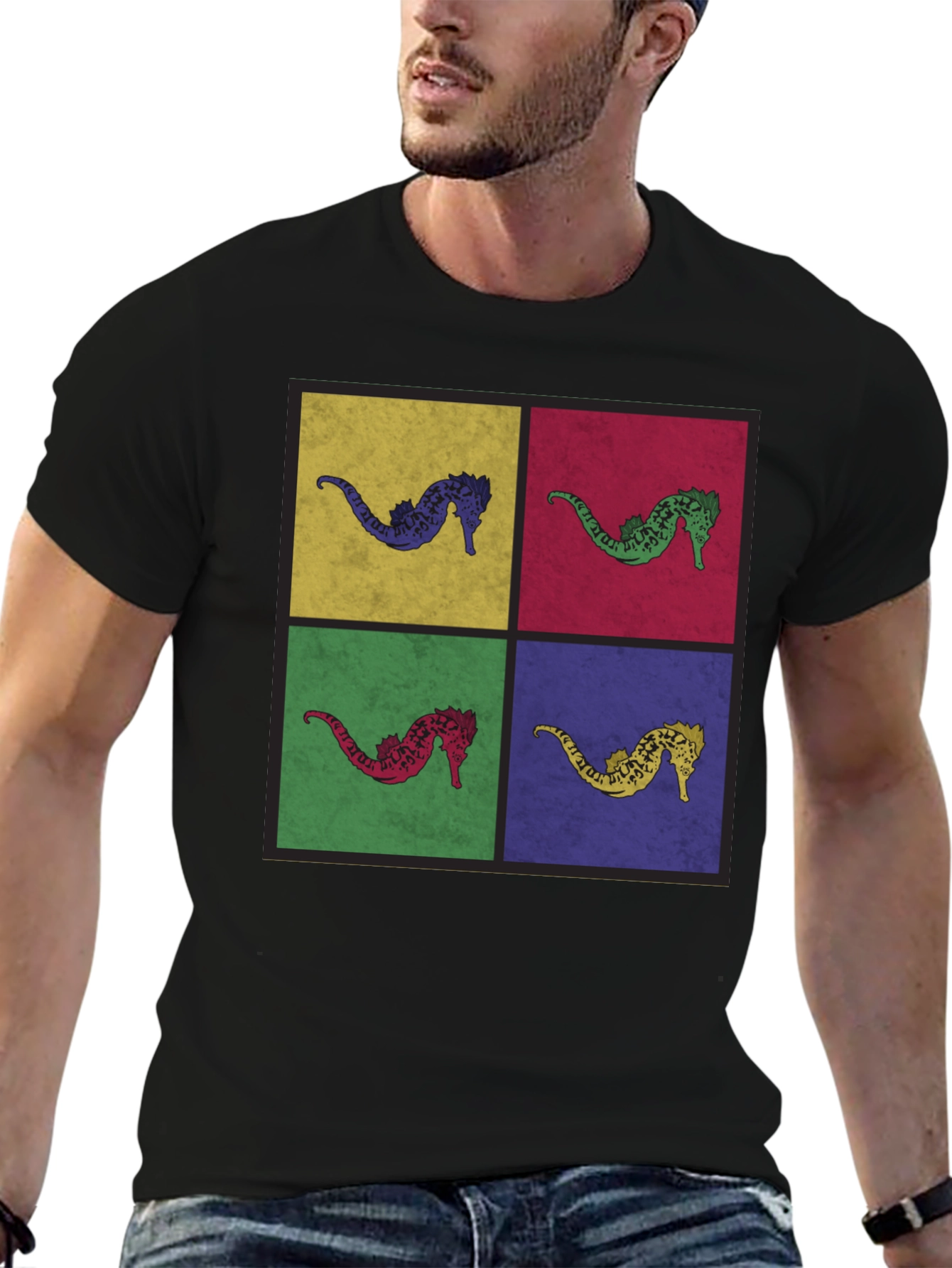 Black Pop Art Seahorse Graphic T-Shirt - Black view 6
